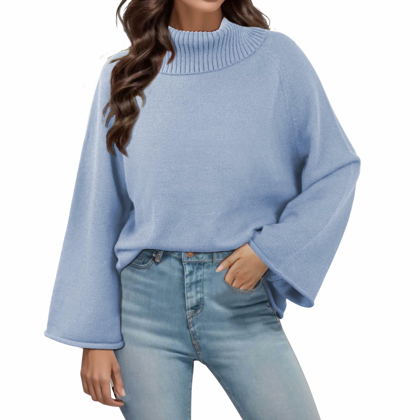 Angashion Womens Turtleneck Pullover Sweater Ribbed Knit Sky Blue Size XL