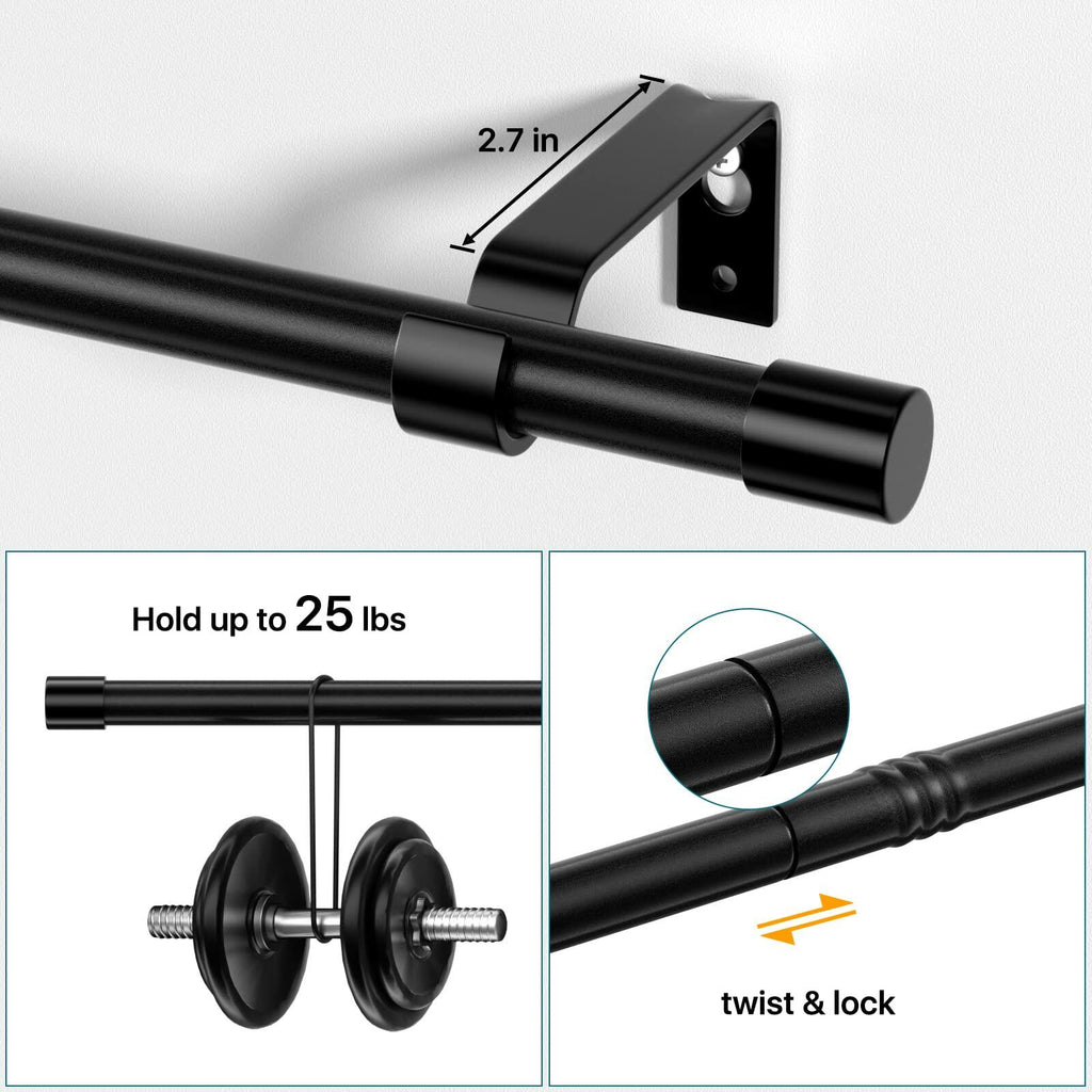 Curtain Rods 28-48in 5/8" Metal Adjustable 2 Pack Black with Brackets