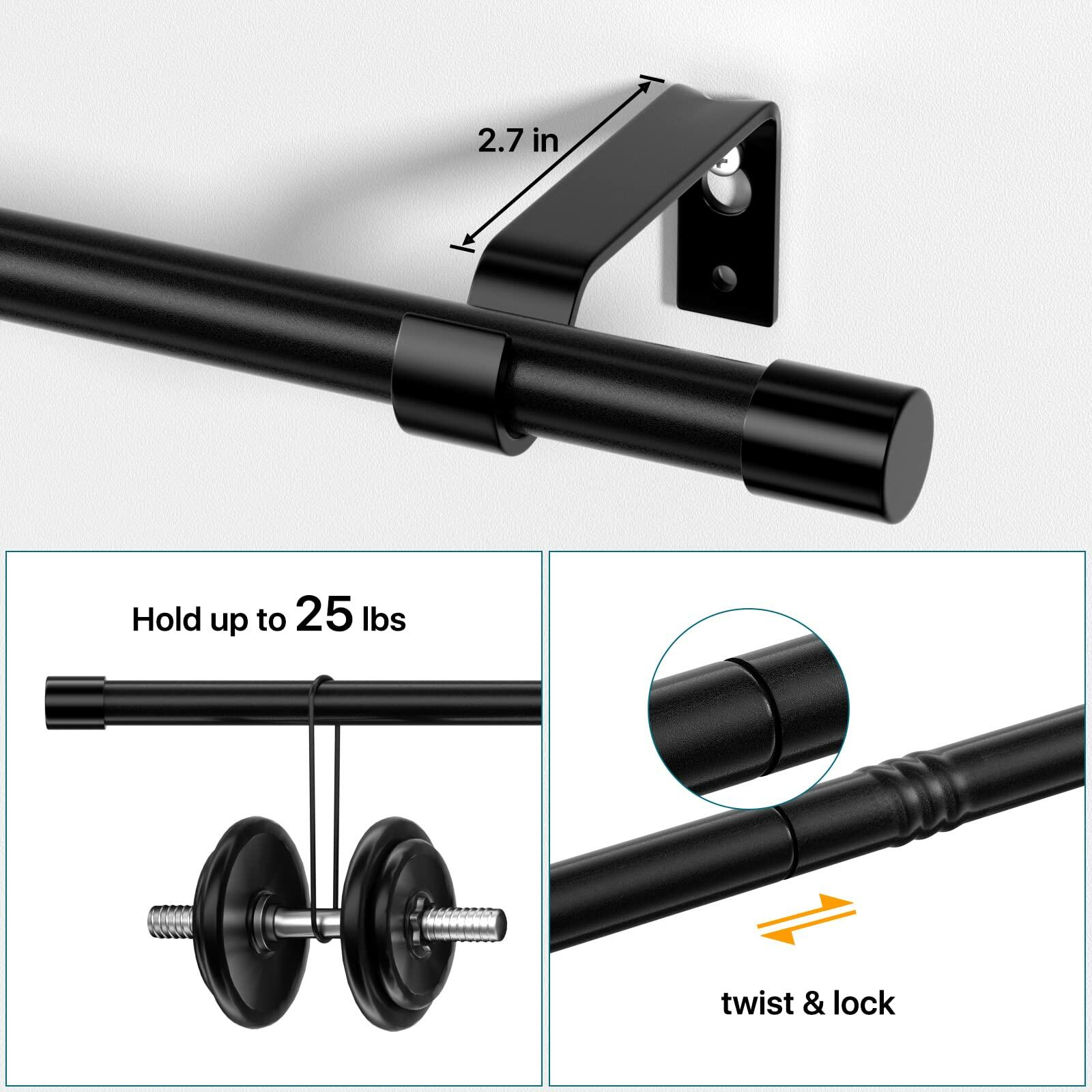 Curtain Rods 28-48in 5/8" Metal Adjustable 2 Pack Black with Brackets