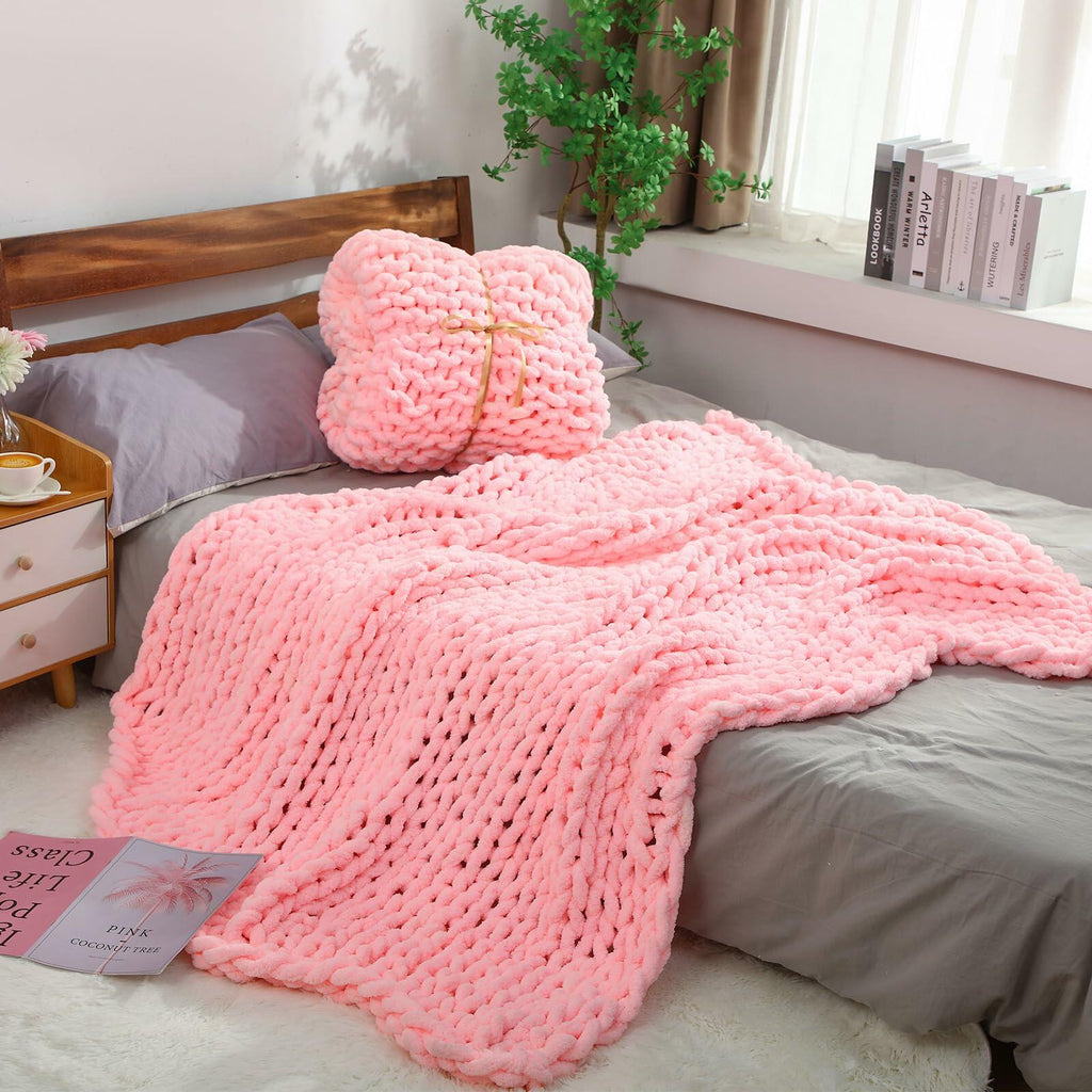 Hahafelt Chunky Knit Chenille Blanket 50x60 Pink 2 Pcs Throw Soft Washable