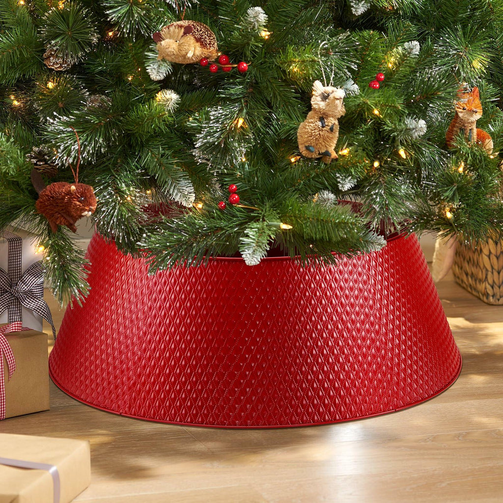 Hatisan Red Metal Christmas Tree Collar Basket Skirt 28'' Indoor Outdoor