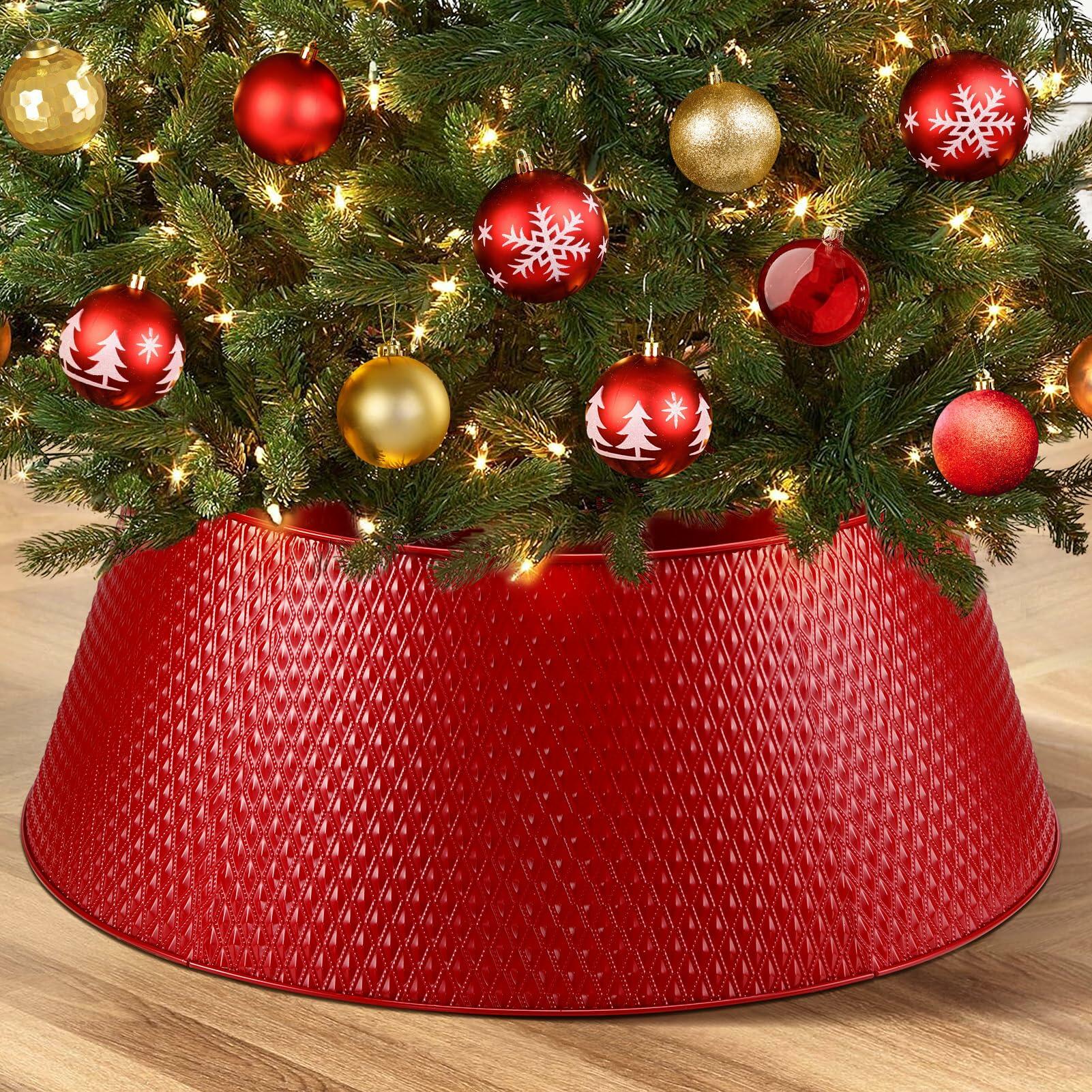 Hatisan Red Metal Christmas Tree Collar Basket Skirt 28'' Indoor Outdoor