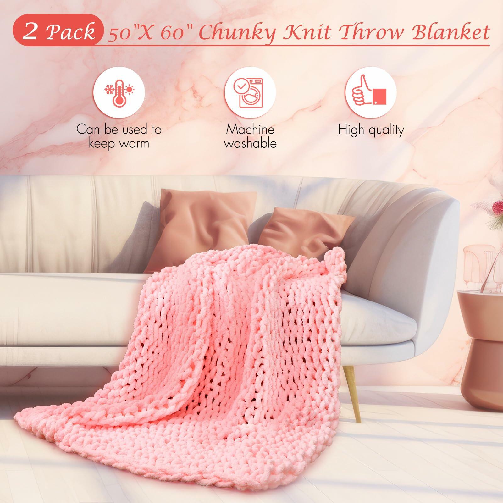 Hahafelt Chunky Knit Chenille Blanket 50x60 Pink 2 Pcs Throw Soft Washable