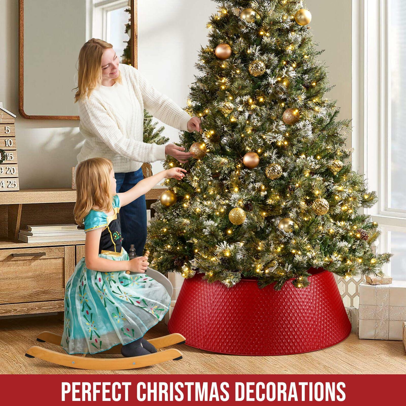 Hatisan Red Metal Christmas Tree Collar Basket Skirt 28'' Indoor Outdoor