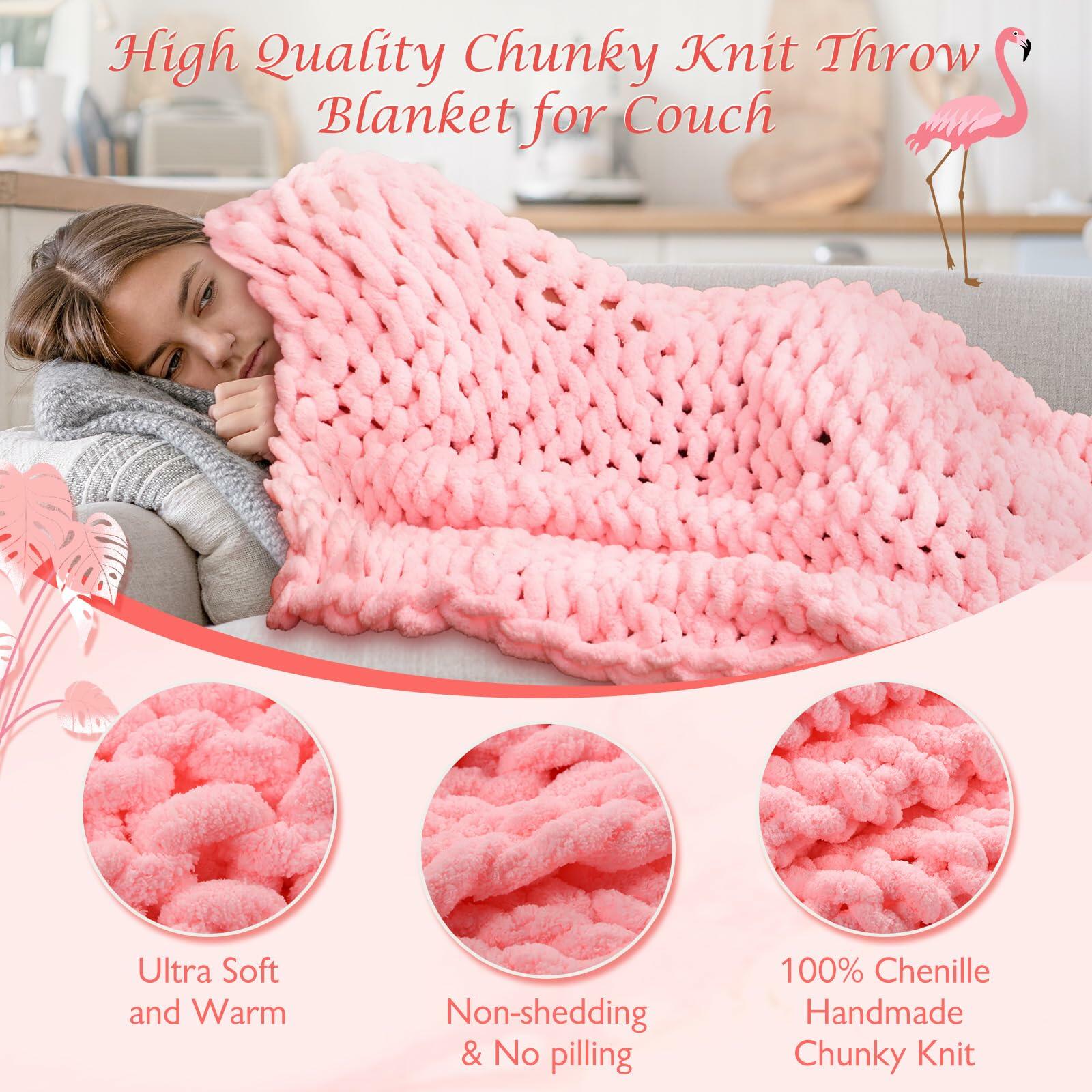 Hahafelt Chunky Knit Chenille Blanket 50x60 Pink 2 Pcs Throw Soft Washable