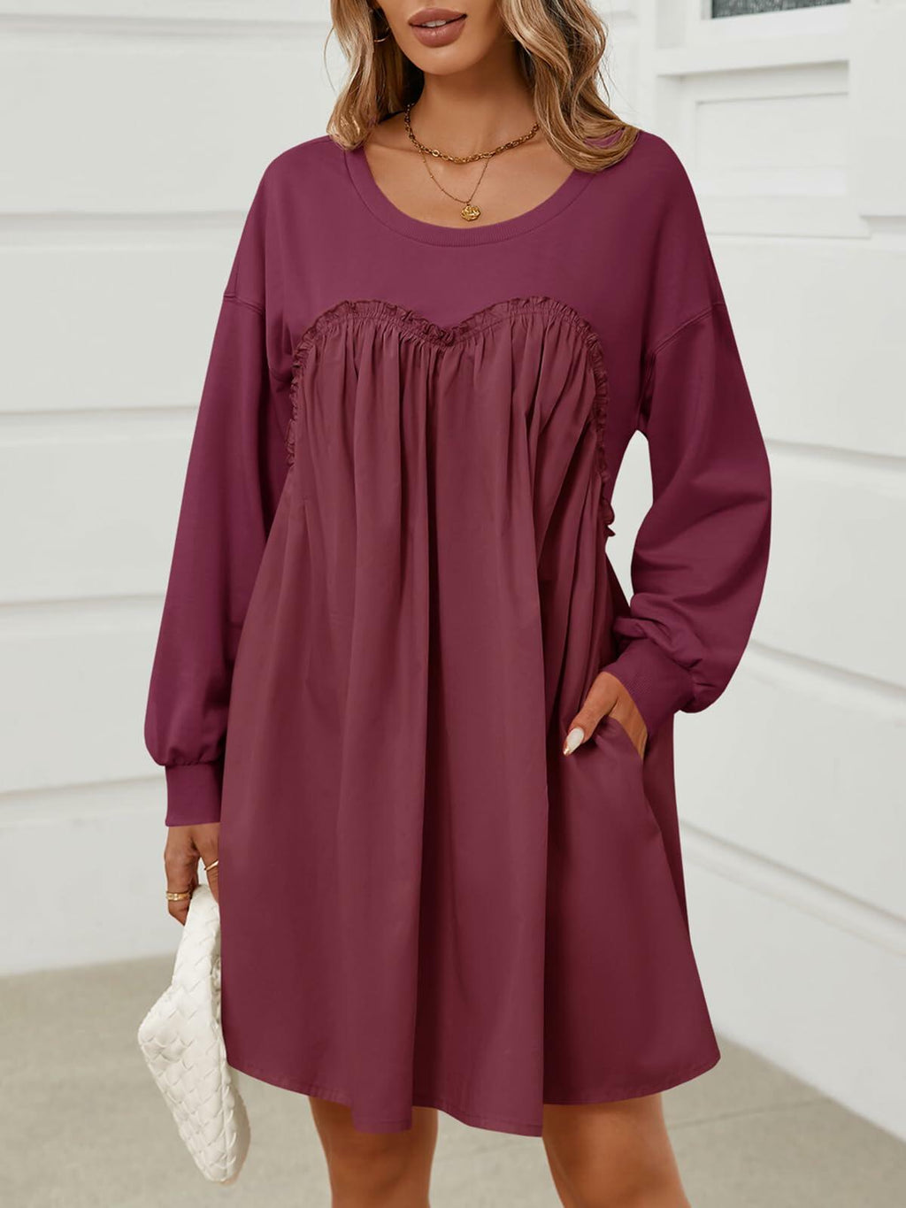 Wenrine Womens Long Sleeve Sweatshirt Dress Patchwork Wine Red, Large