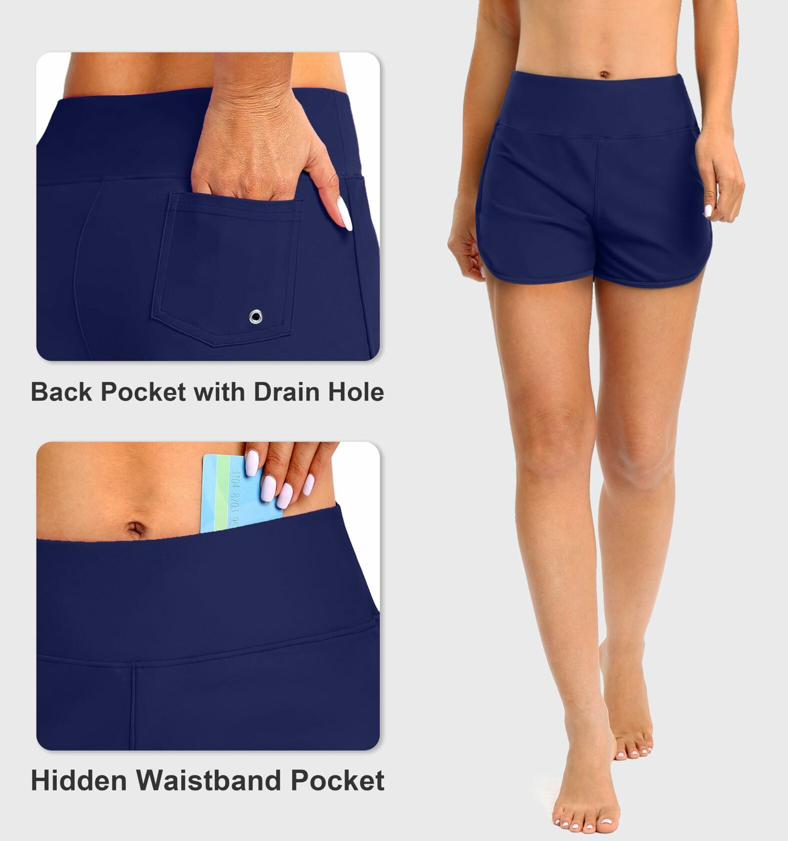 Blouty Women's Swim Board Shorts High Waisted Tummy Control Pockets Navy Size M