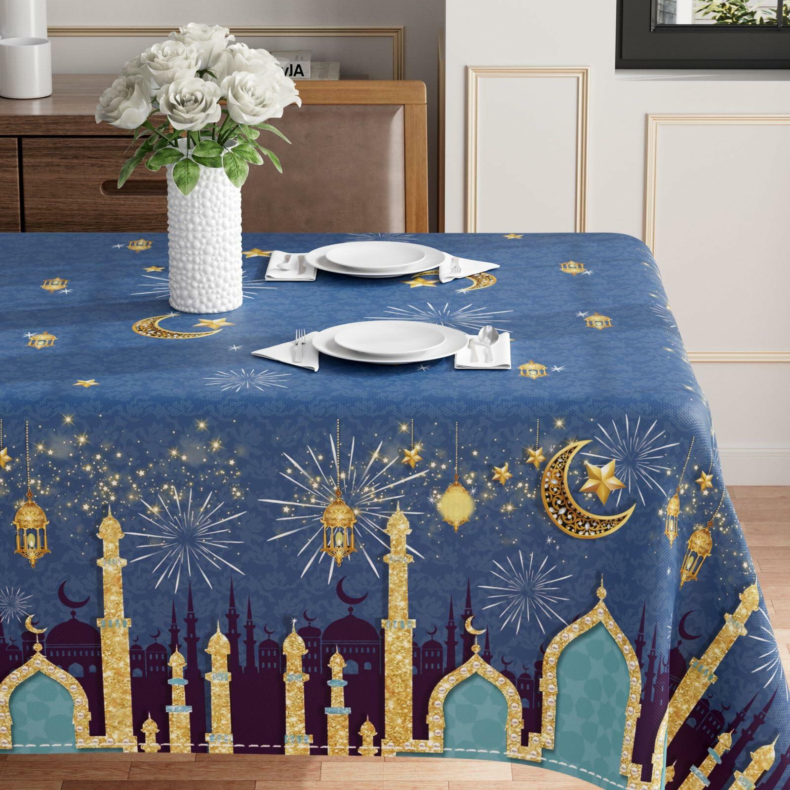 BOTB LIHM Ramadan Green Castle Lantern Stars Moon Tablecloth 60x60 Inch
