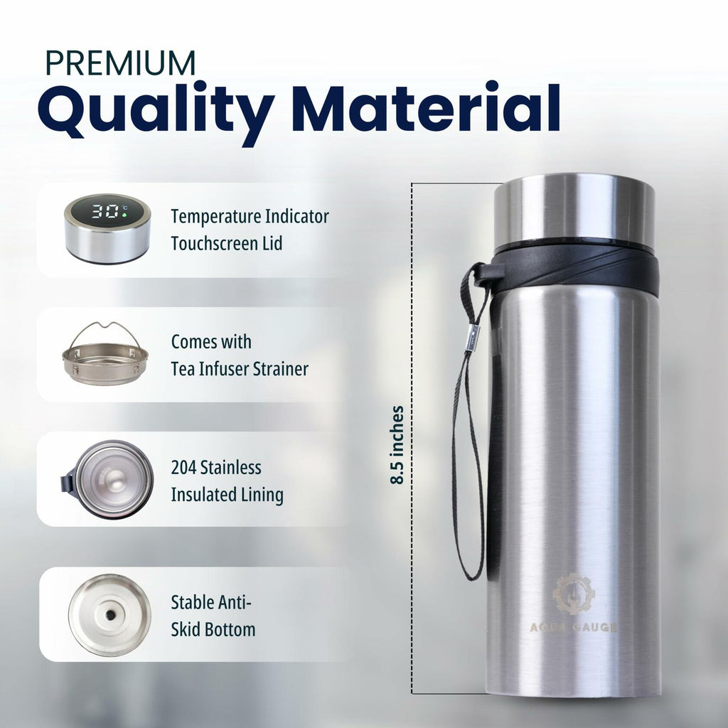 Aqua Gauge Stainless Steel Thermal Bottle 600mL Digital Temp Display Silver