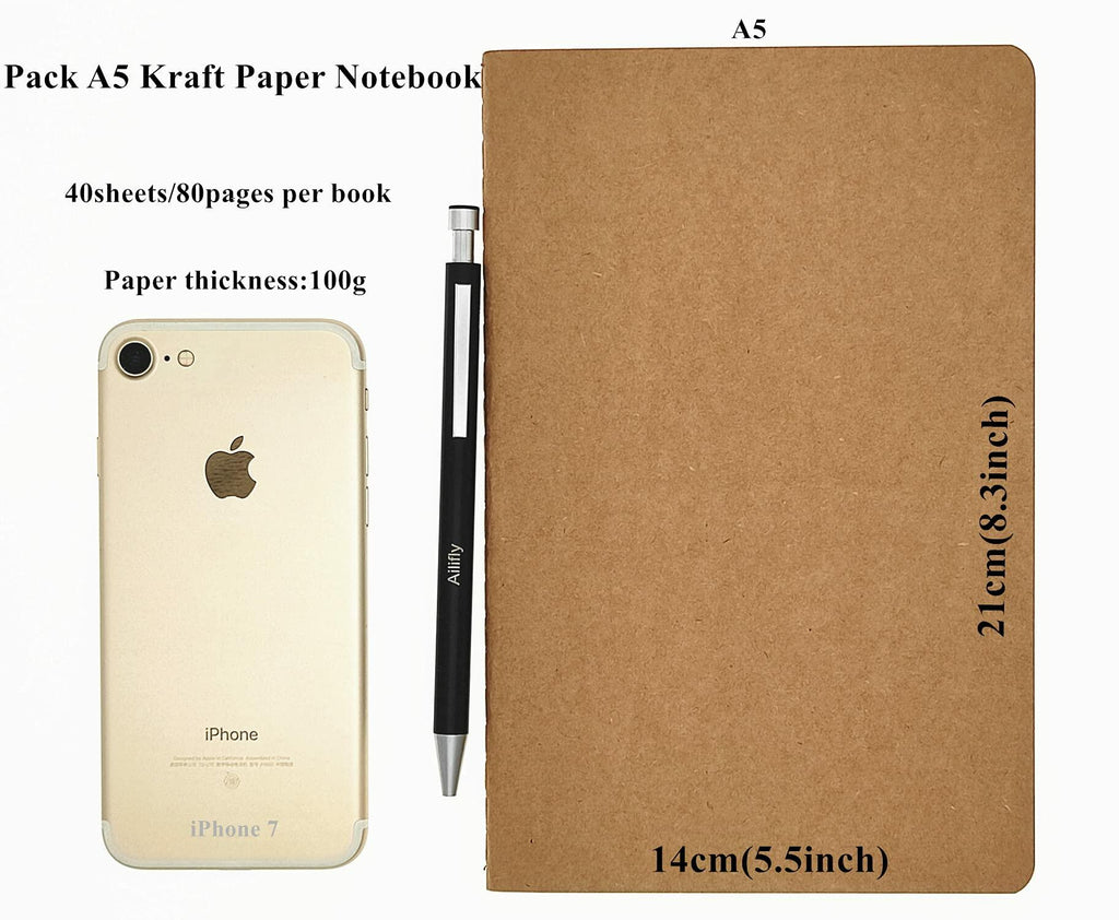 Ailifly 5 Pack Kraft Paper Brown Soft Cover Notebooks Journals A5 5.5x8.3in