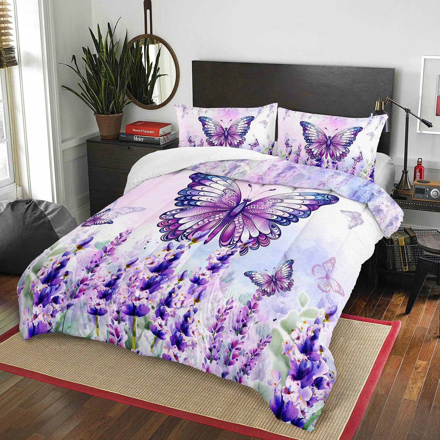 AILONEN Twin Butterfly Comforter Set Girls Lavender Purple 3 Pieces