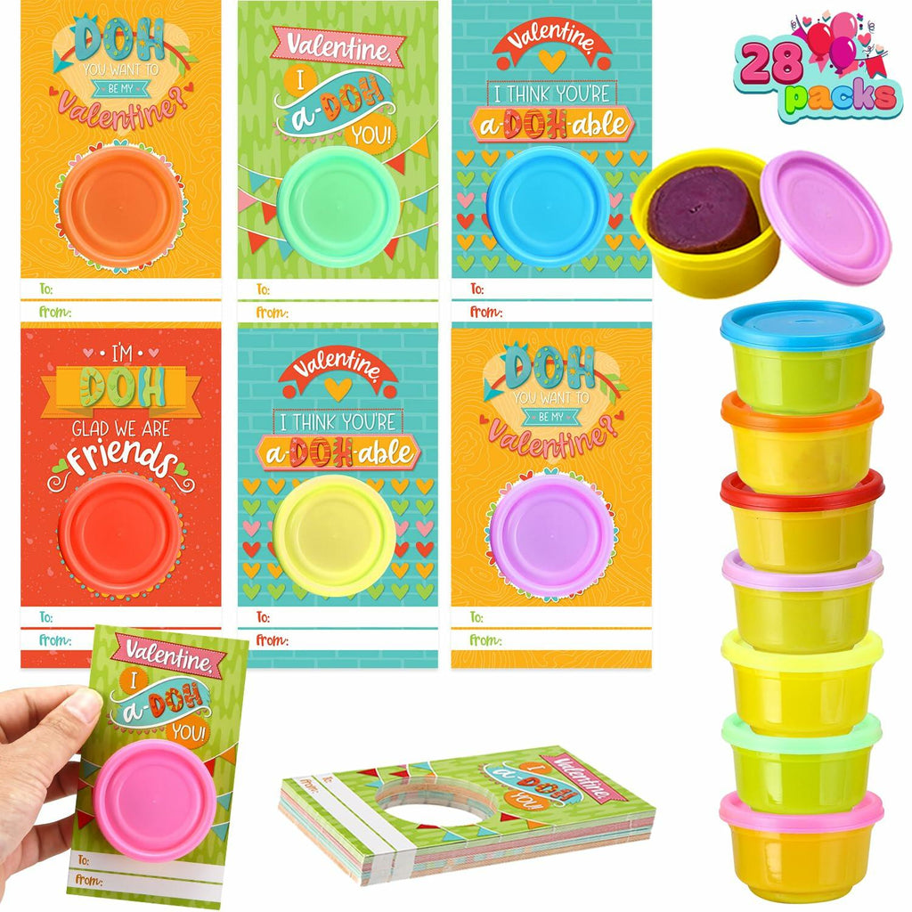 [Like New] JOYIN 28 PCS Valentine Gift Cards with Colorful Playing Dough Kids Party Favors