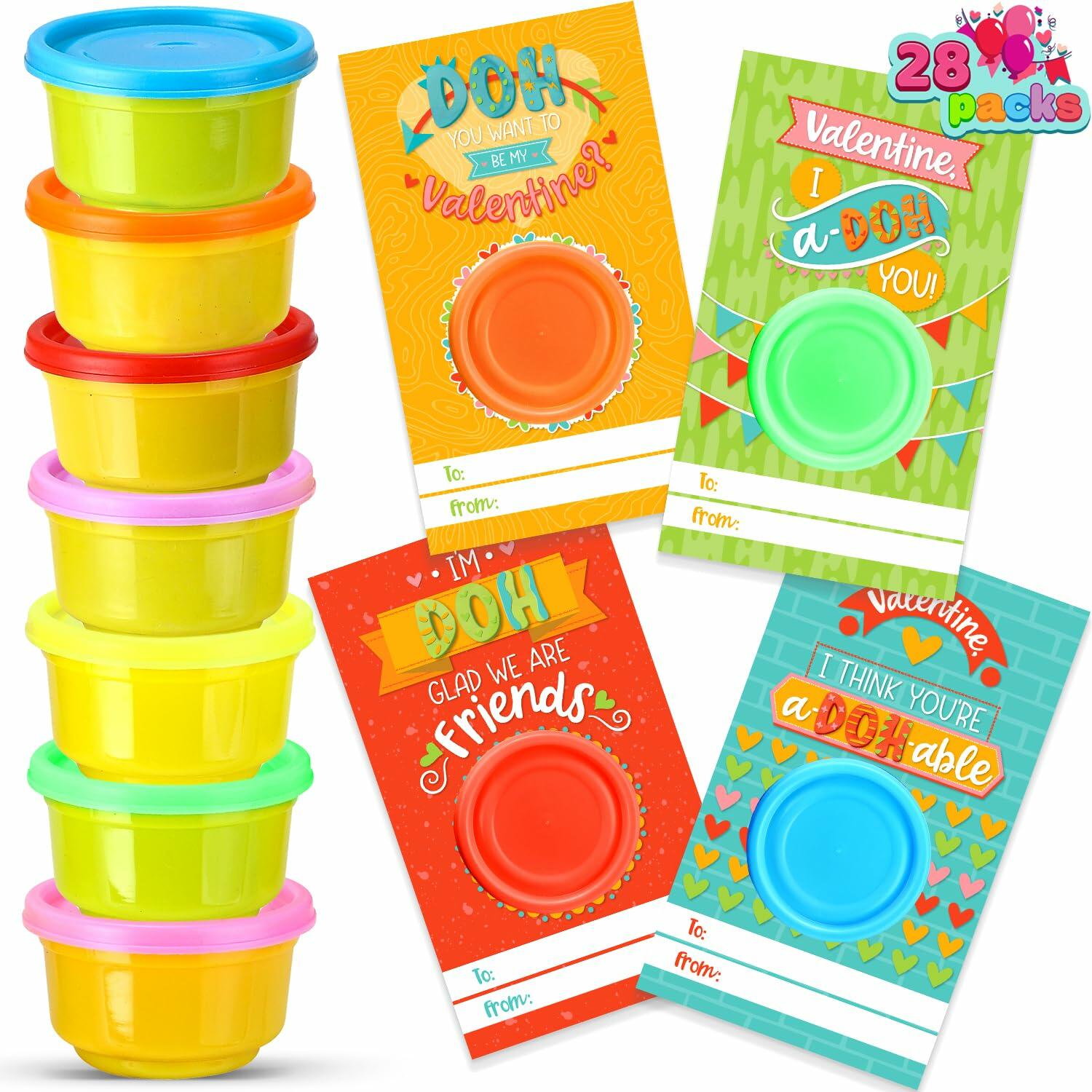 [Like New] JOYIN 28 PCS Valentine Gift Cards with Colorful Playing Dough Kids Party Favors