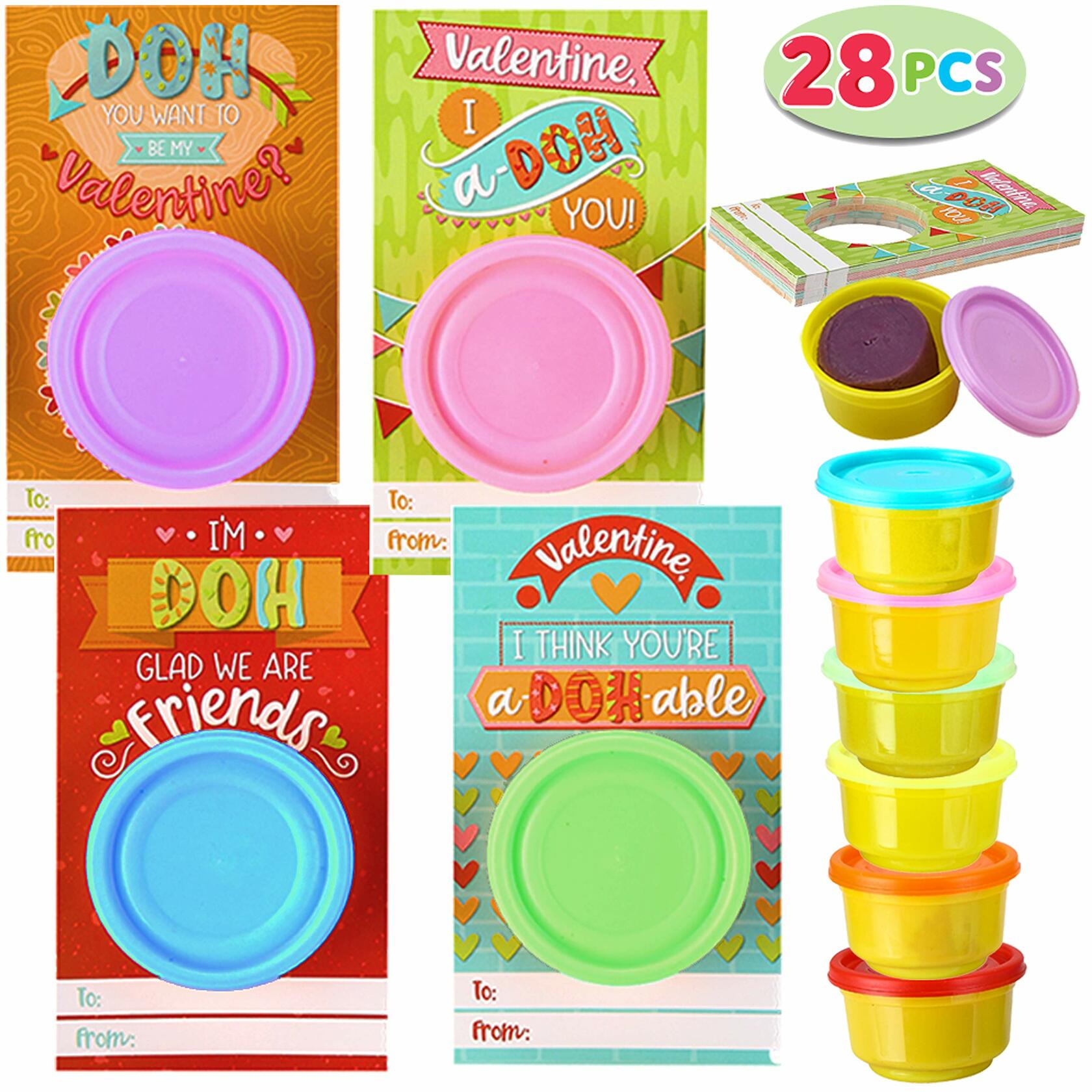 [Like New] JOYIN 28 PCS Valentine Gift Cards with Colorful Playing Dough Kids Party Favors