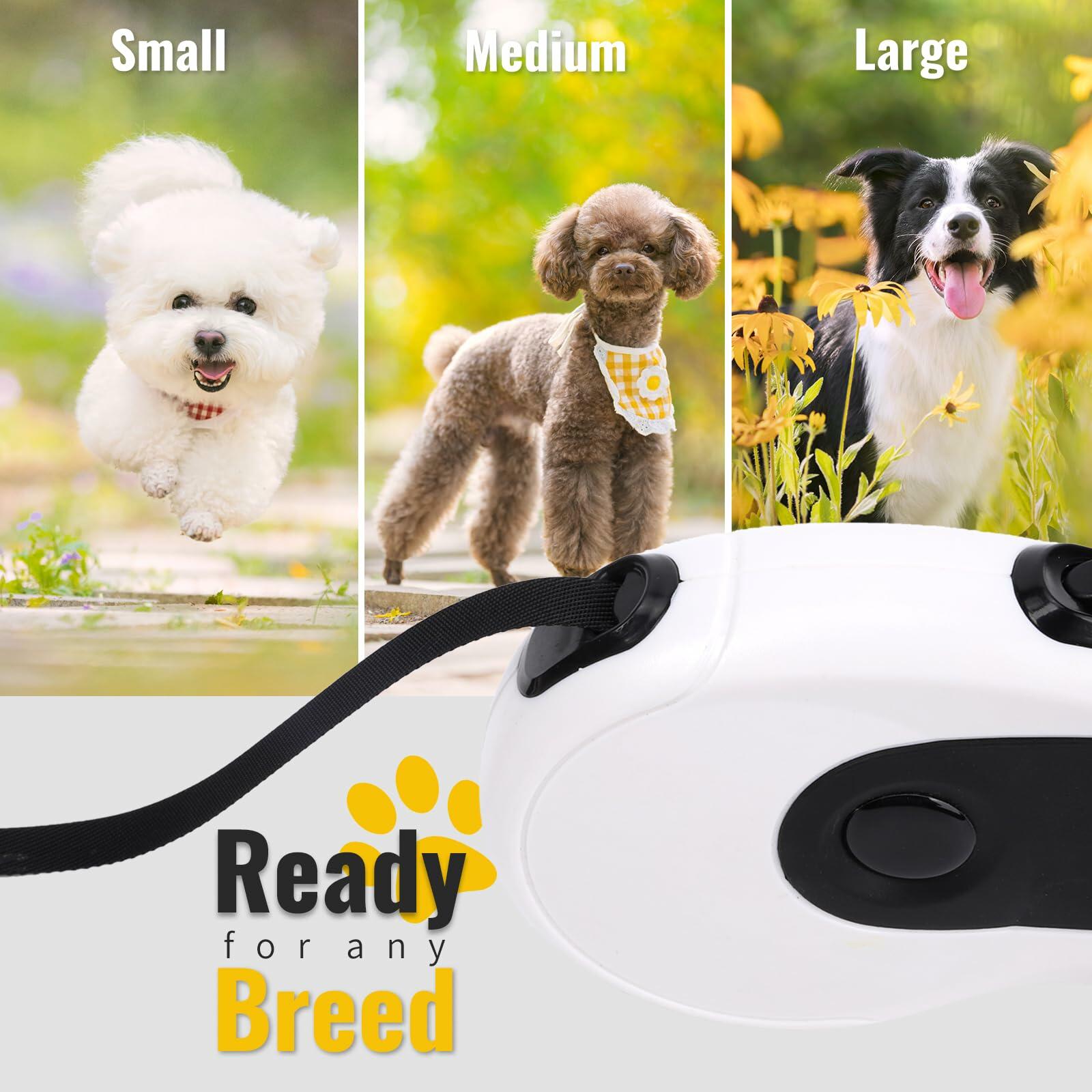 Retractable Dog Leash 16ft Heavy Duty Reflective Nylon Tape White Grip