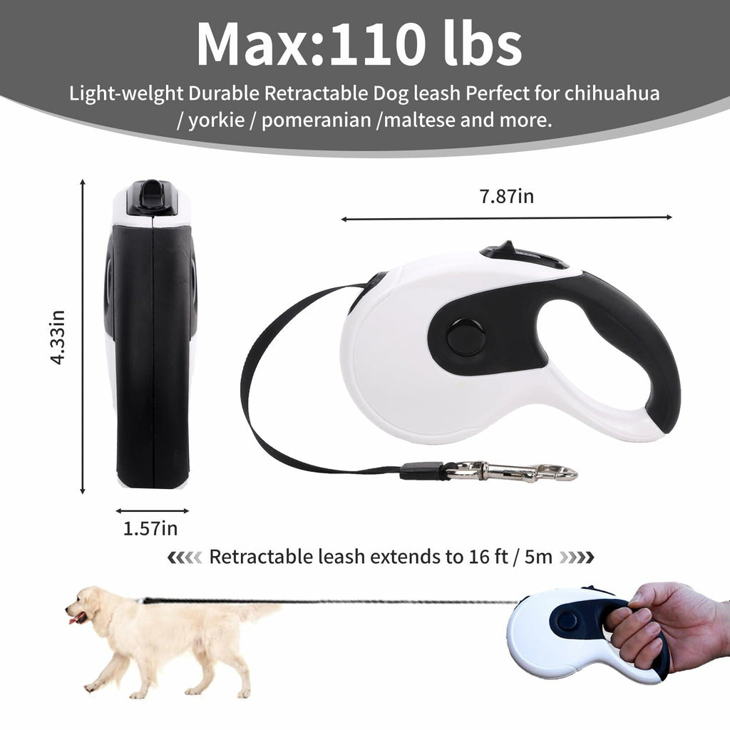 Retractable Dog Leash 16ft Heavy Duty Reflective Nylon Tape White Grip