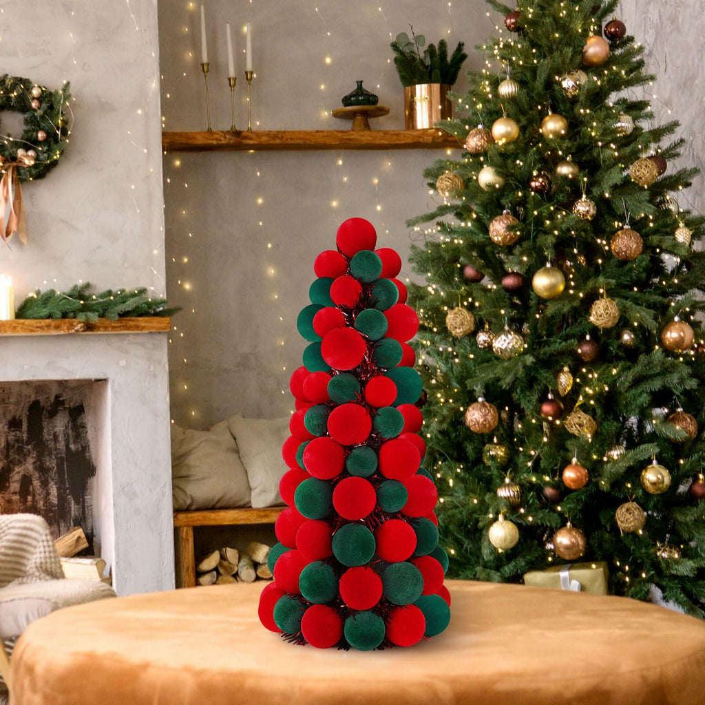 [Like New] Motionchic 16" Velvet Christmas Ball Mini Cone Tree Red Green