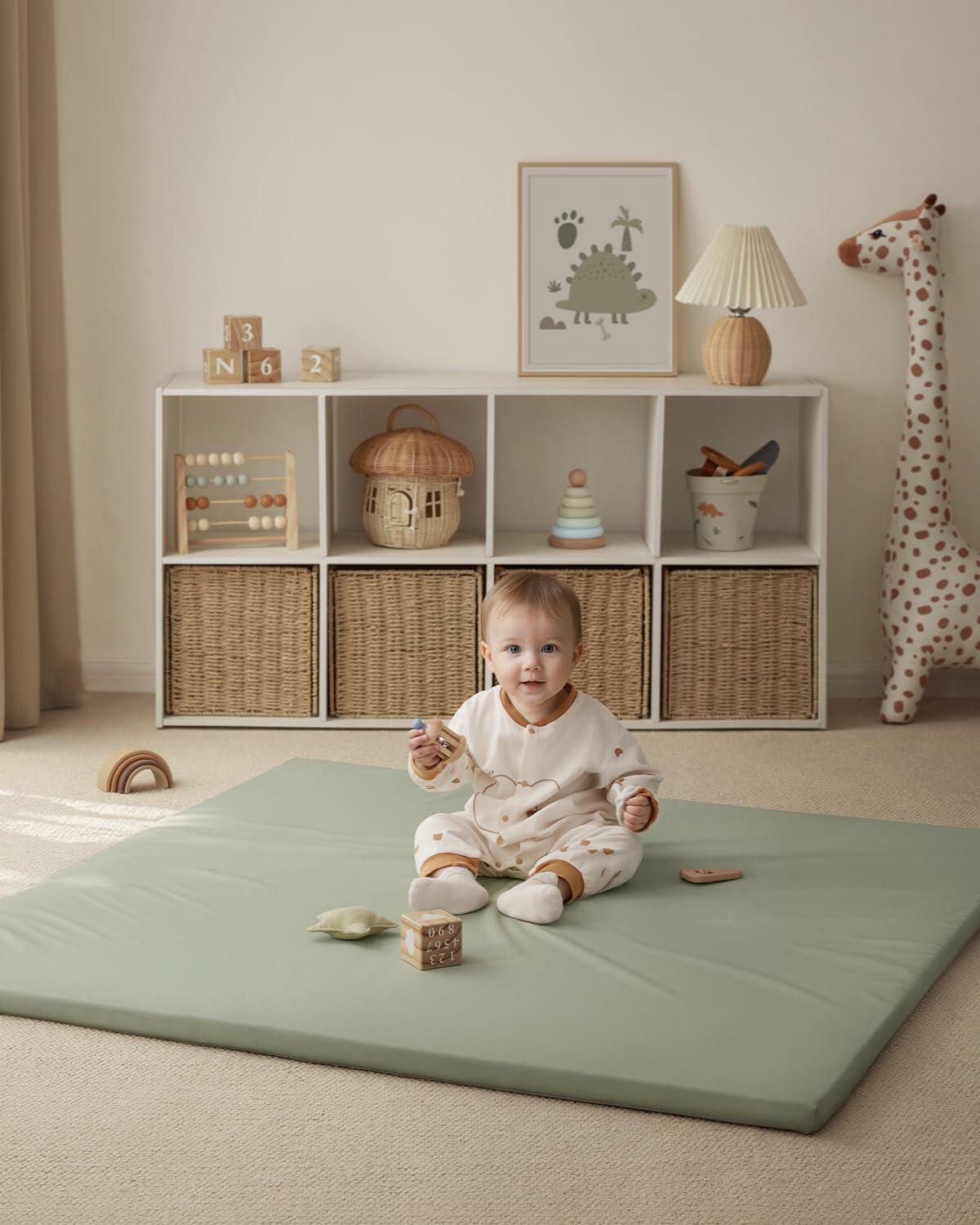 [Like New] Blissful Diary Vegan Leather Baby Play Mat 50x50 Waterproof Light Green