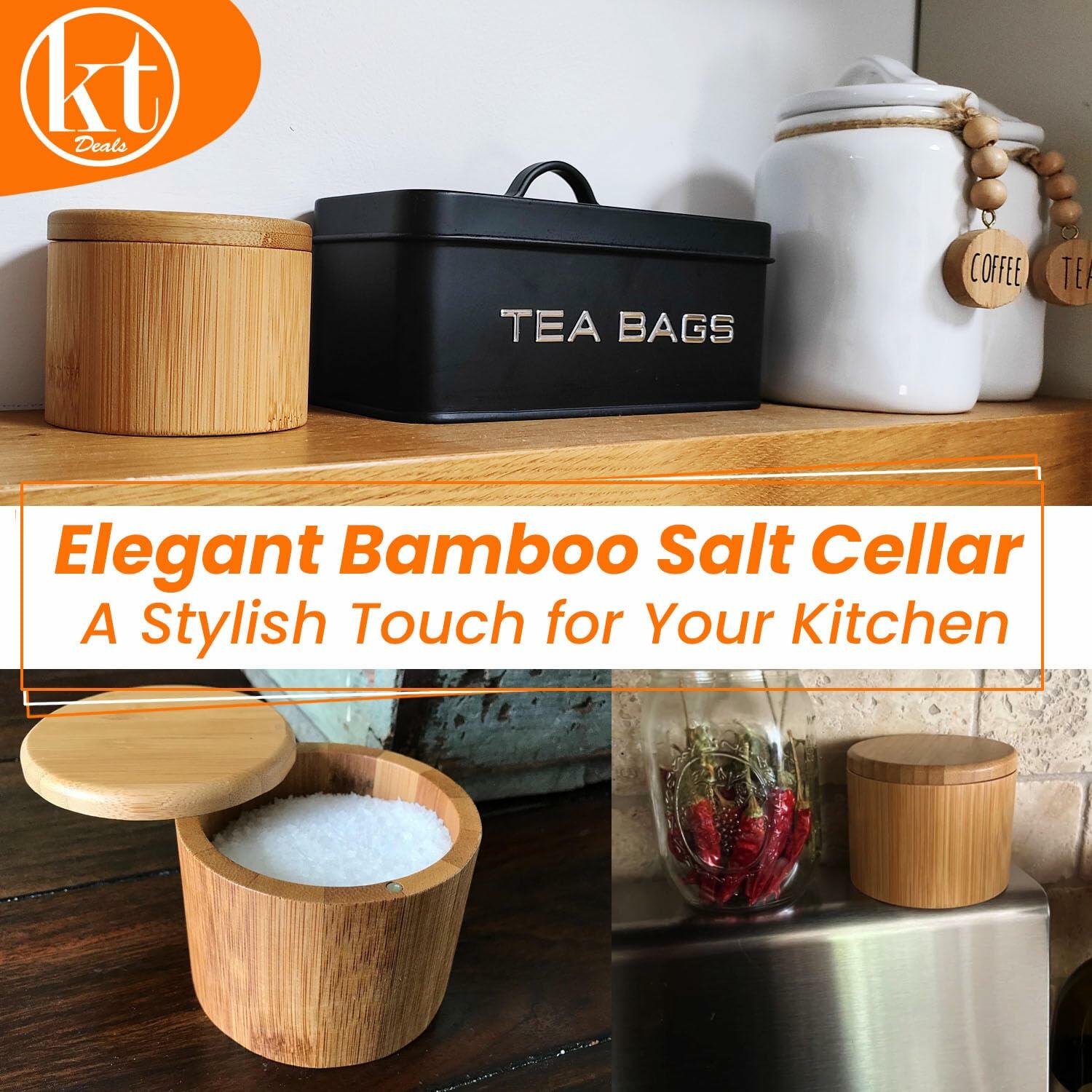 [Like New] Salt Cellar Bamboo Storage Box Magnetic Swivel Lid Small Wooden Jar 3.5in