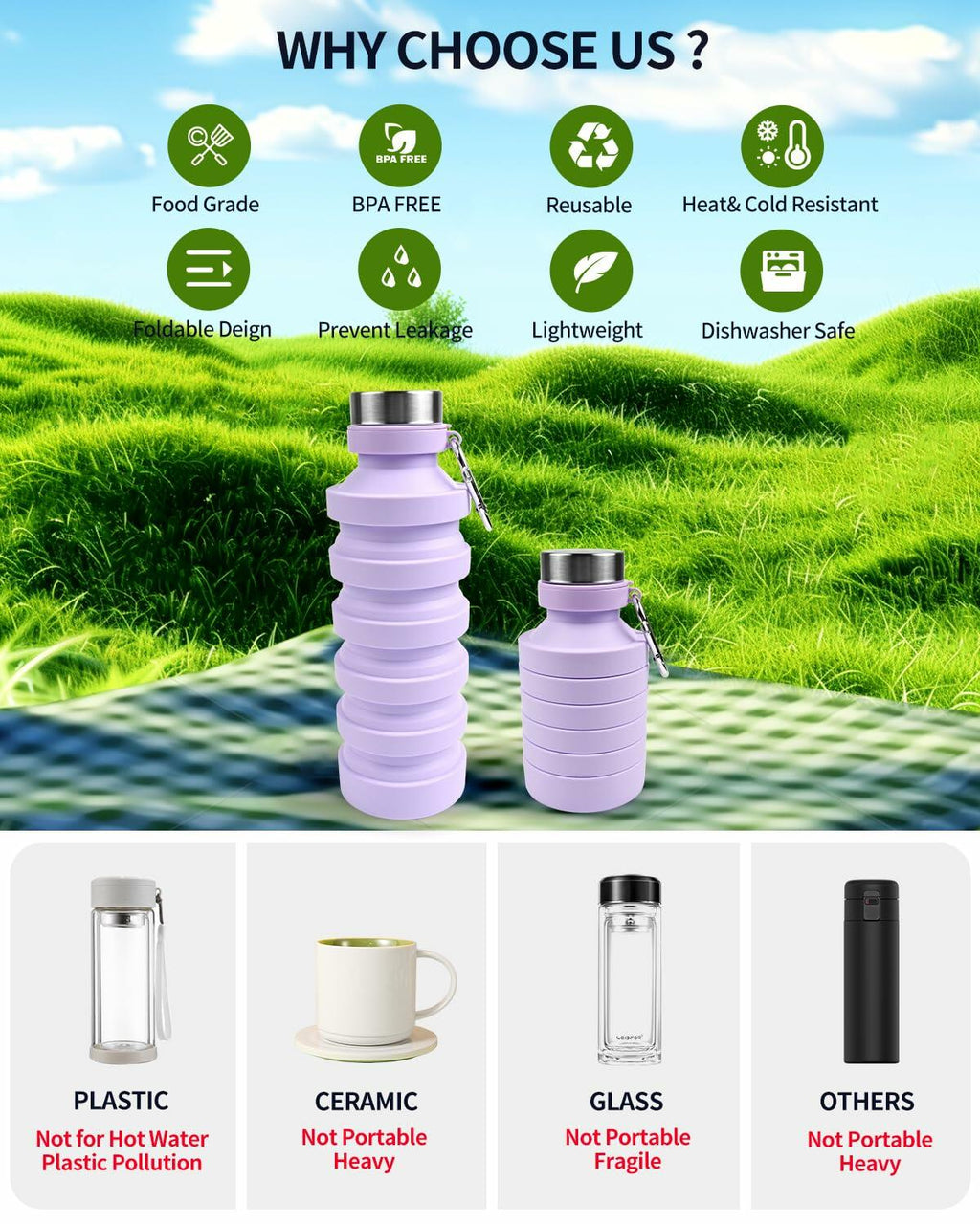 Mitour Collapsible Water Bottle 27oz BPA Free Silicone Foldable Leakproof