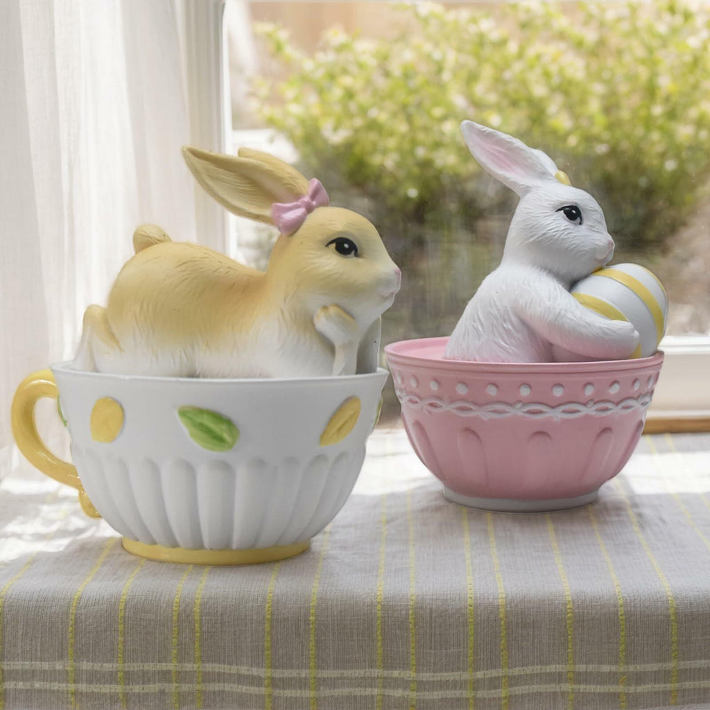 AMOYYT Easter Bunny Figurines Resin LED Rabbit Statue 4.5in Set of 2