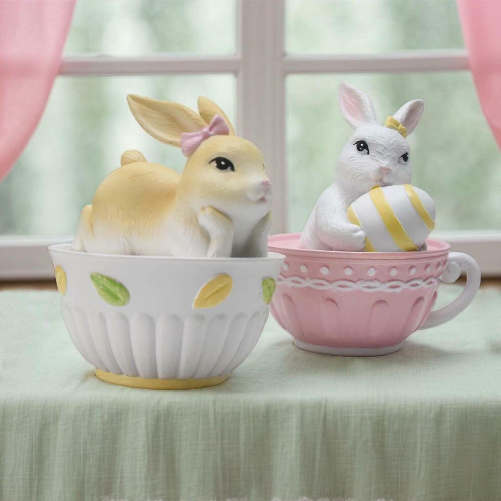 AMOYYT Easter Bunny Figurines Resin LED Rabbit Statue 4.5in Set of 2