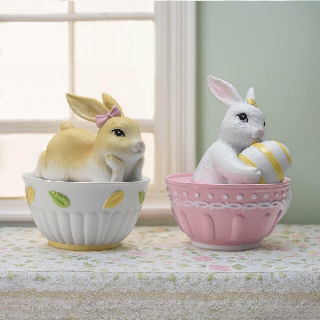AMOYYT Easter Bunny Figurines Resin LED Rabbit Statue 4.5in Set of 2