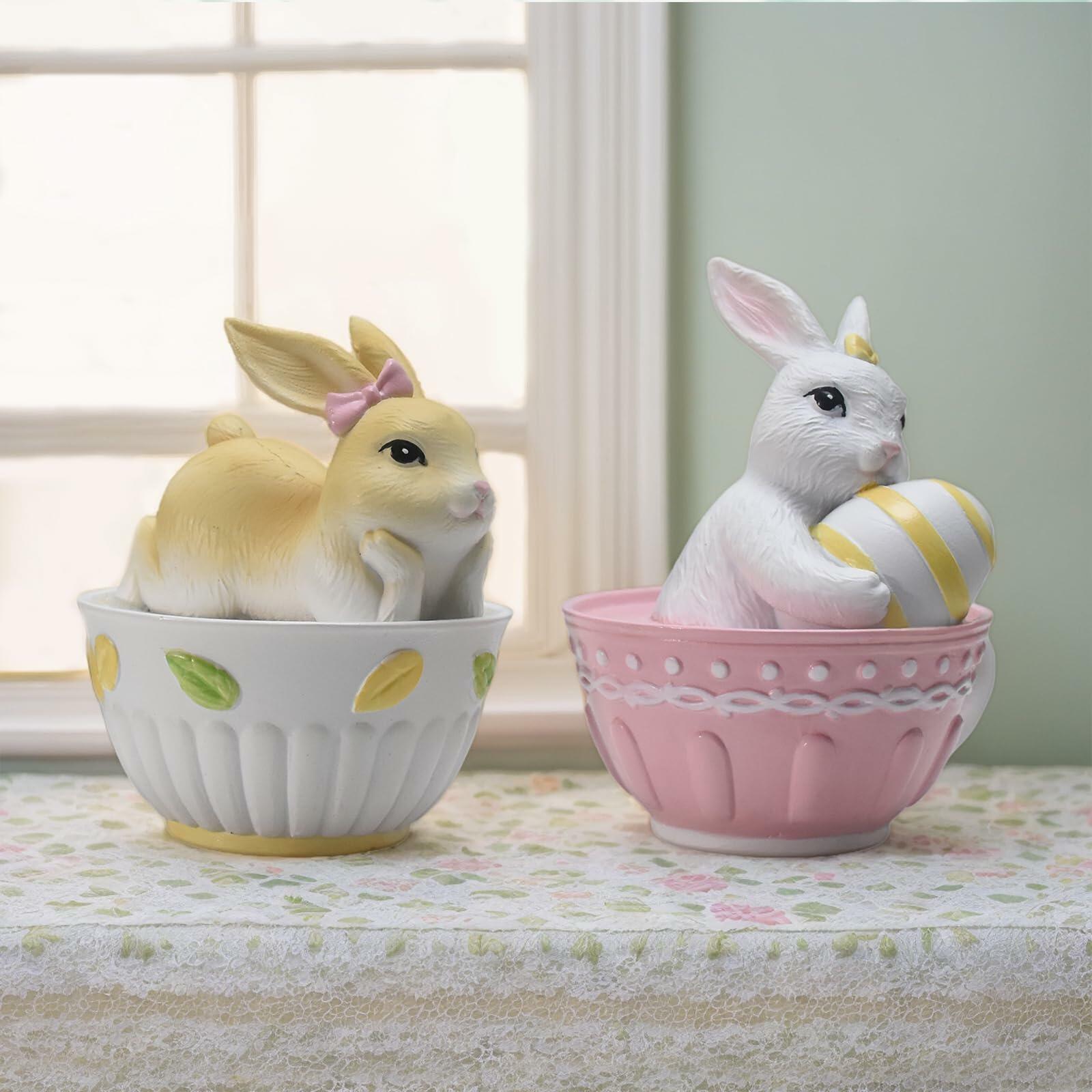 AMOYYT Easter Bunny Figurines Resin LED Rabbit Statue 4.5in Set of 2