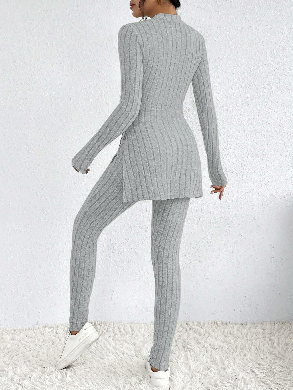 HBQ Women's 2 Piece Lounge Set Mock Neck Ribbed Knit Sweatsuit Grey Size XXL