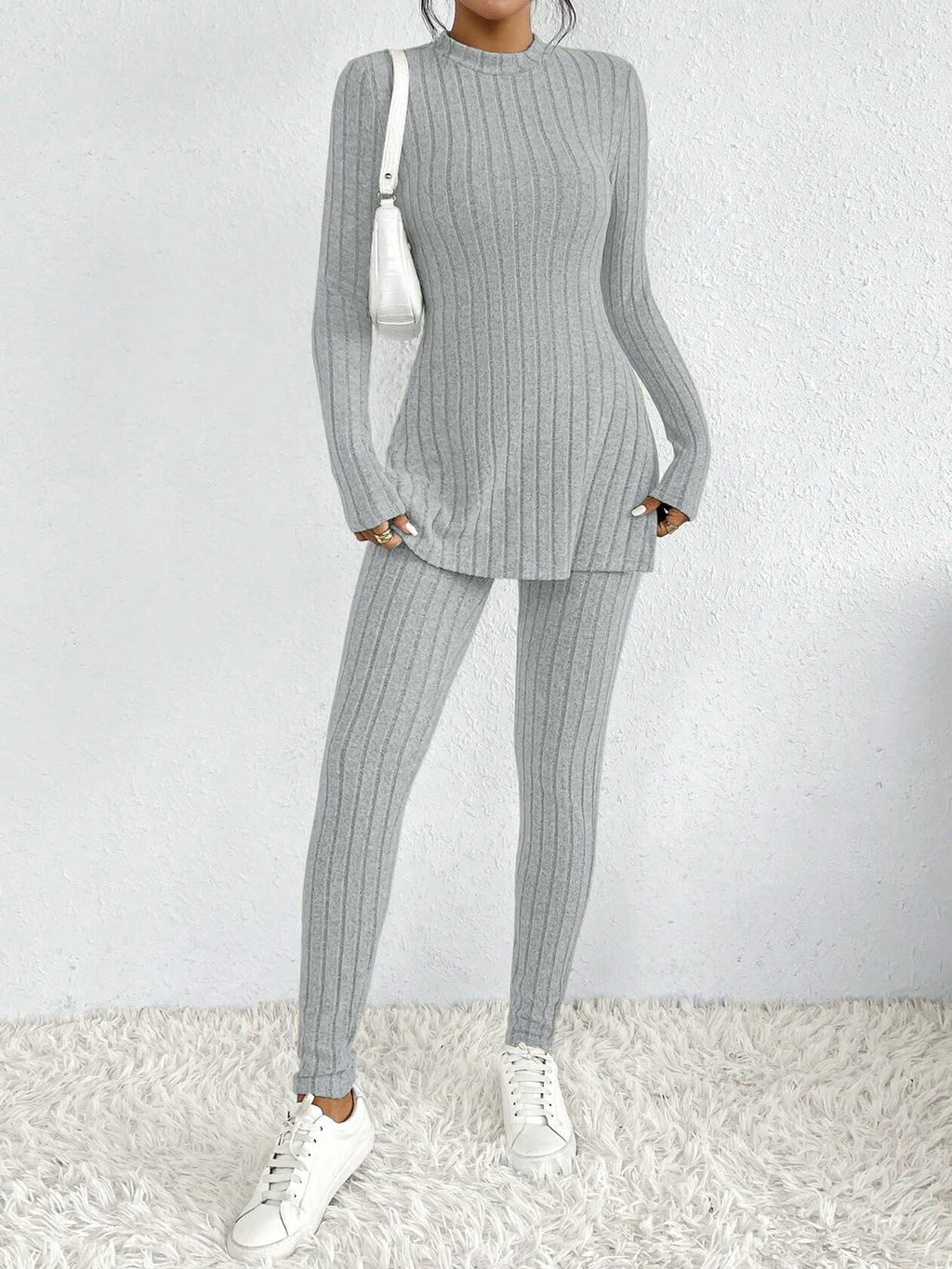 HBQ Women's 2 Piece Lounge Set Mock Neck Ribbed Knit Sweatsuit Grey Size XXL