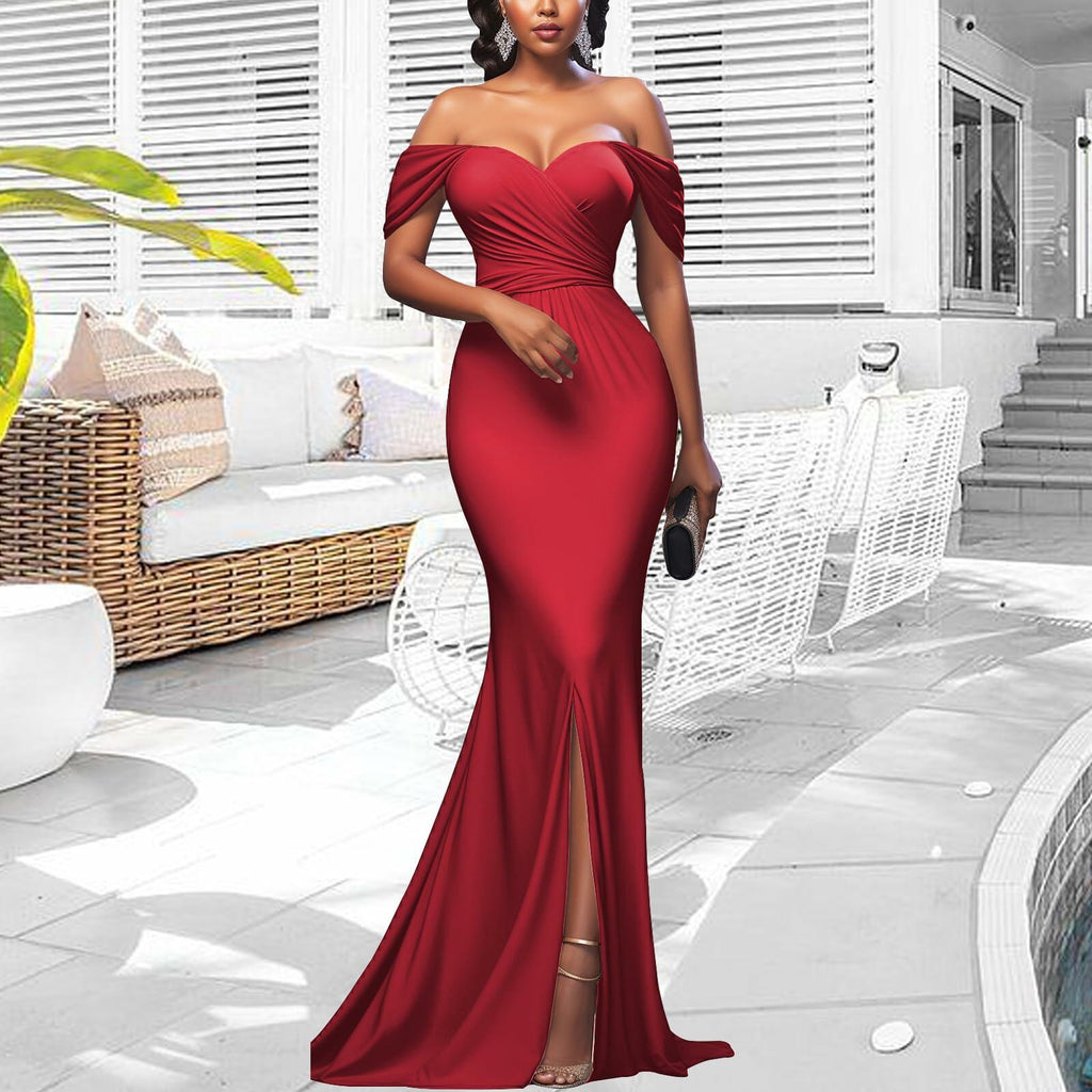 Red Elegant Off Shoulder Mermaid Maxi Dress Women Formal Wedding Size M