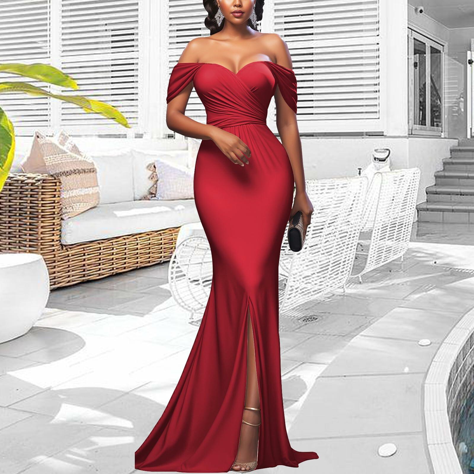 Red Elegant Off Shoulder Mermaid Maxi Dress Women Formal Wedding Size M
