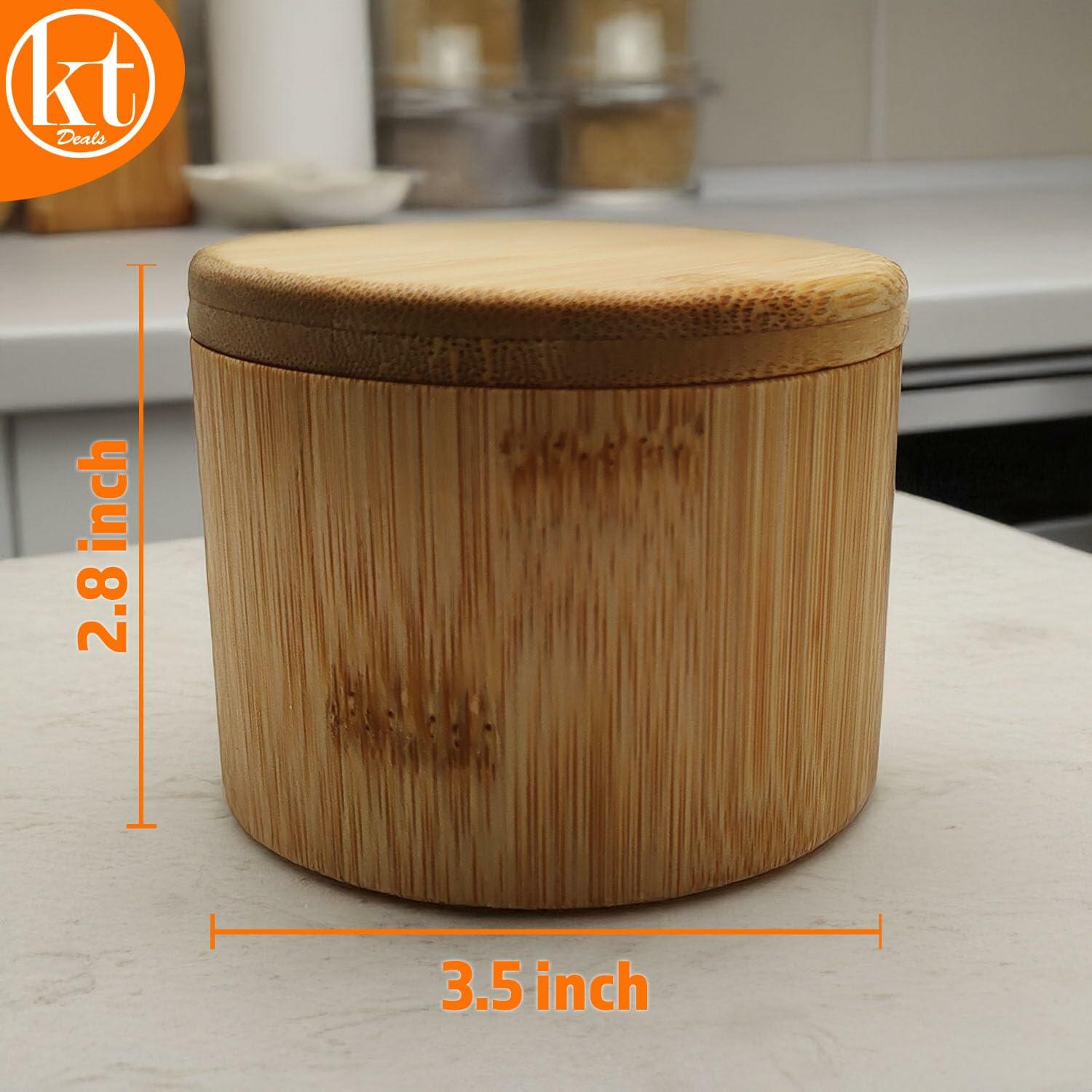 Salt Cellar Bamboo Storage Box Magnetic Swivel Lid Small Wooden Jar 3.5in