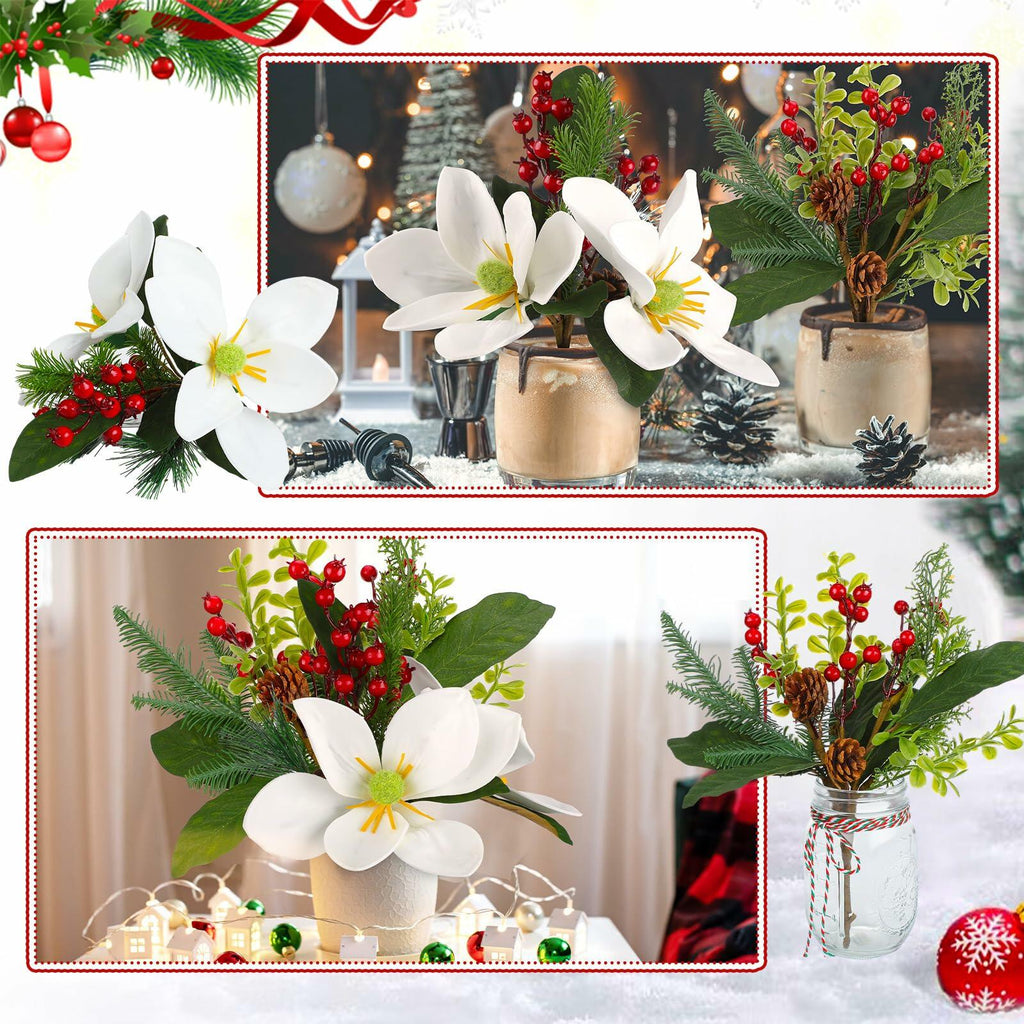 Hotop Christmas Floral Picks 16in Magnolia Pine Berry Branches 4 Pcs