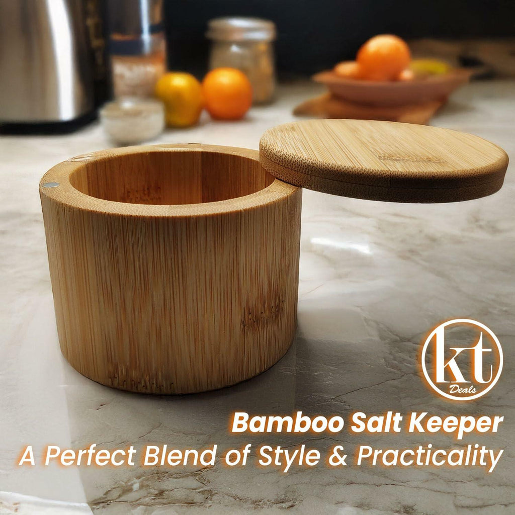 Salt Cellar Bamboo Storage Box Magnetic Swivel Lid Small Wooden Jar 3.5in
