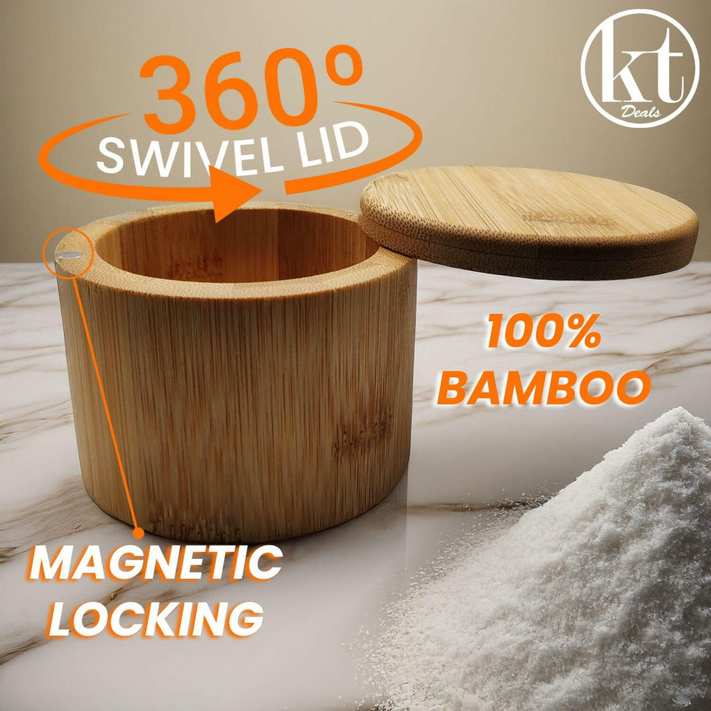 Salt Cellar Bamboo Storage Box Magnetic Swivel Lid Small Wooden Jar 3.5in