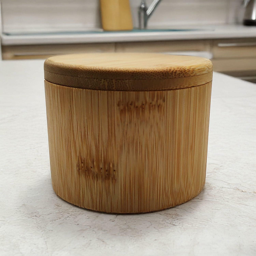 Salt Cellar Bamboo Storage Box Magnetic Swivel Lid Small Wooden Jar 3.5in