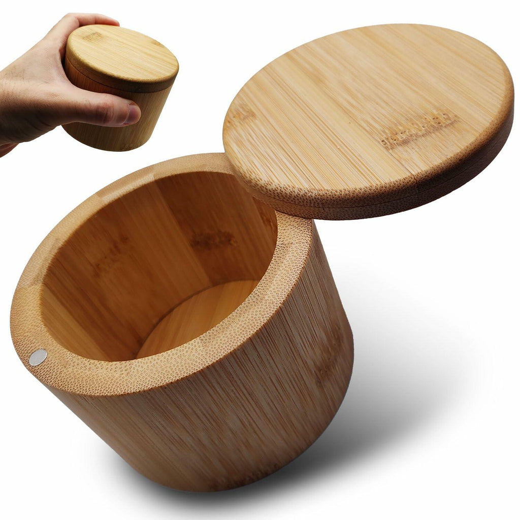 Salt Cellar Bamboo Storage Box Magnetic Swivel Lid Small Wooden Jar 3.5in