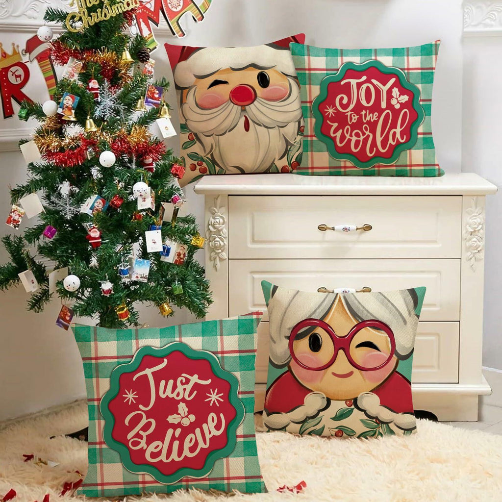 Fjfz Christmas Santa & Mrs Claus Throw Pillow Covers Green 18x18 Set of 4