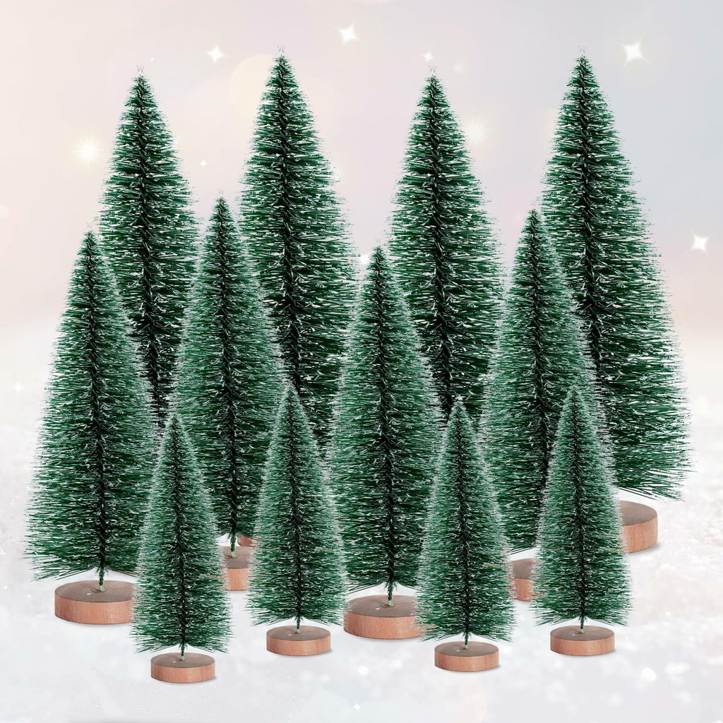 12 Pcs Mini Christmas Trees with Wooden Bases, 3 Sizes, Green Snow Decor