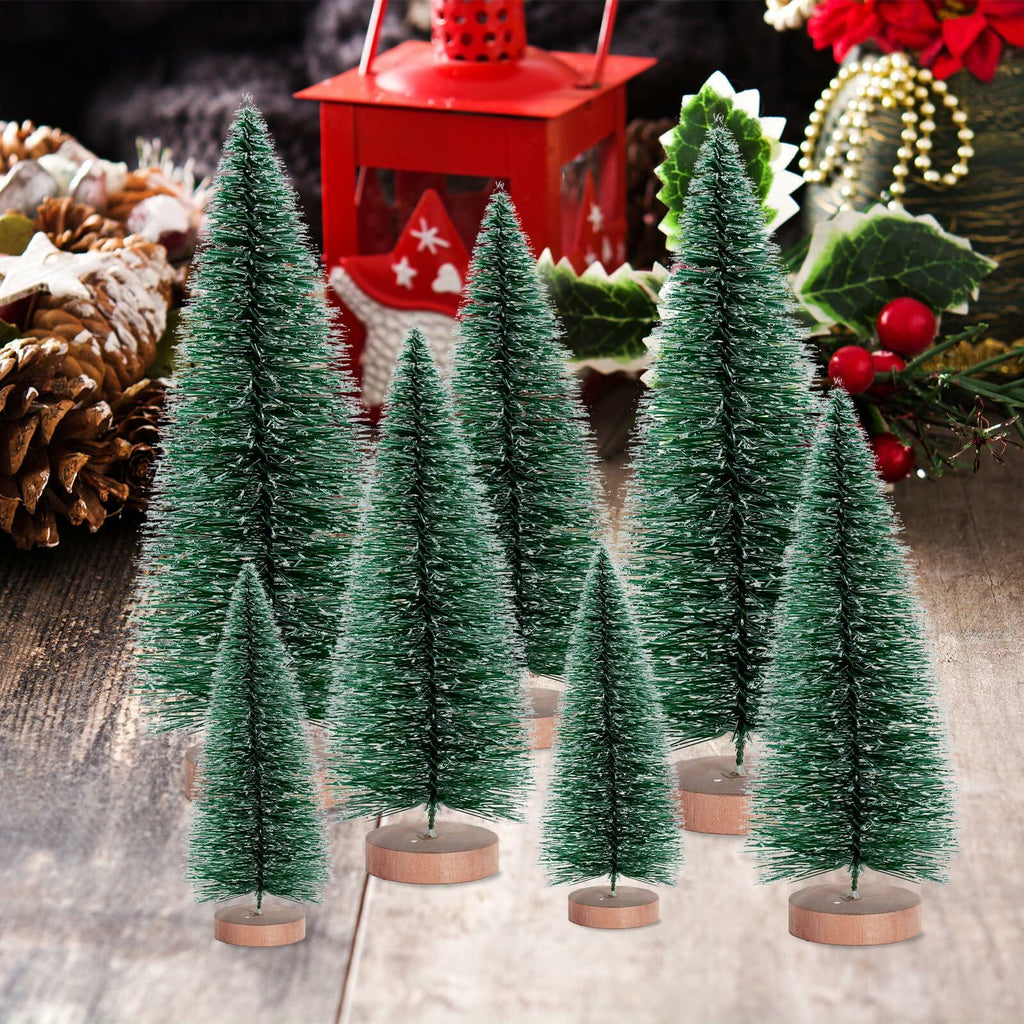 12 Pcs Mini Christmas Trees with Wooden Bases, 3 Sizes, Green Snow Decor
