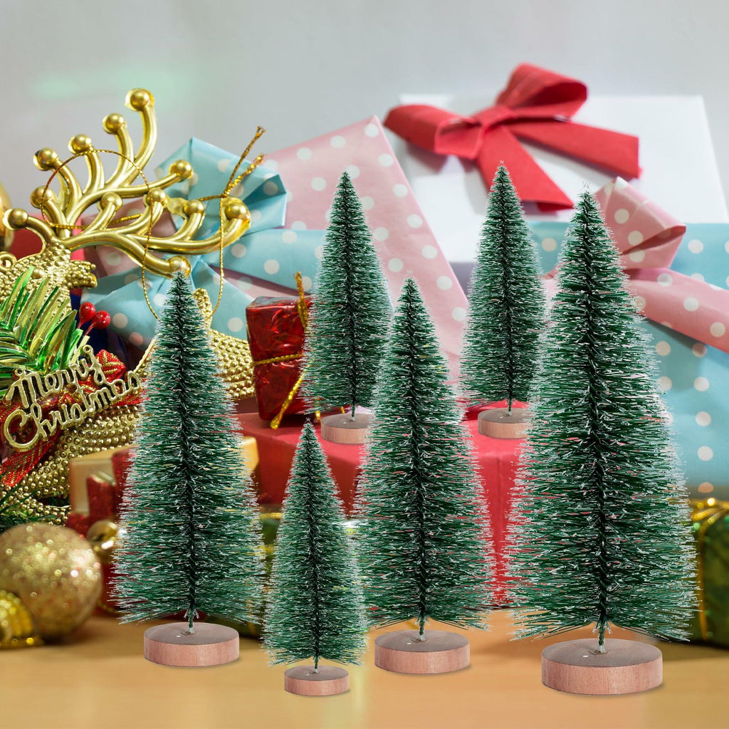 12 Pcs Mini Christmas Trees with Wooden Bases, 3 Sizes, Green Snow Decor
