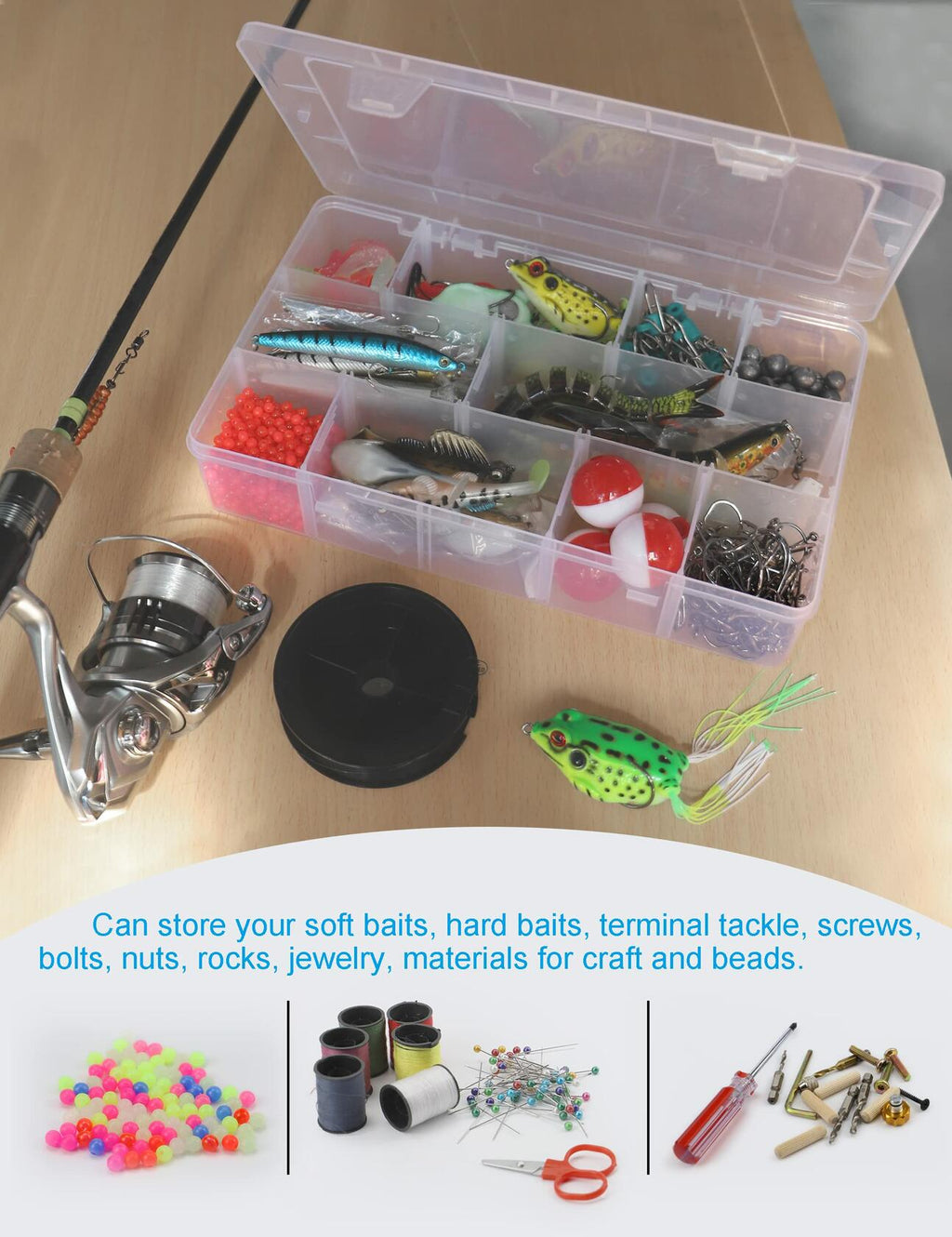 Hlotmeky Plastic Organizer Box with Dividers Bead Organizer 15 Large Grids Clear