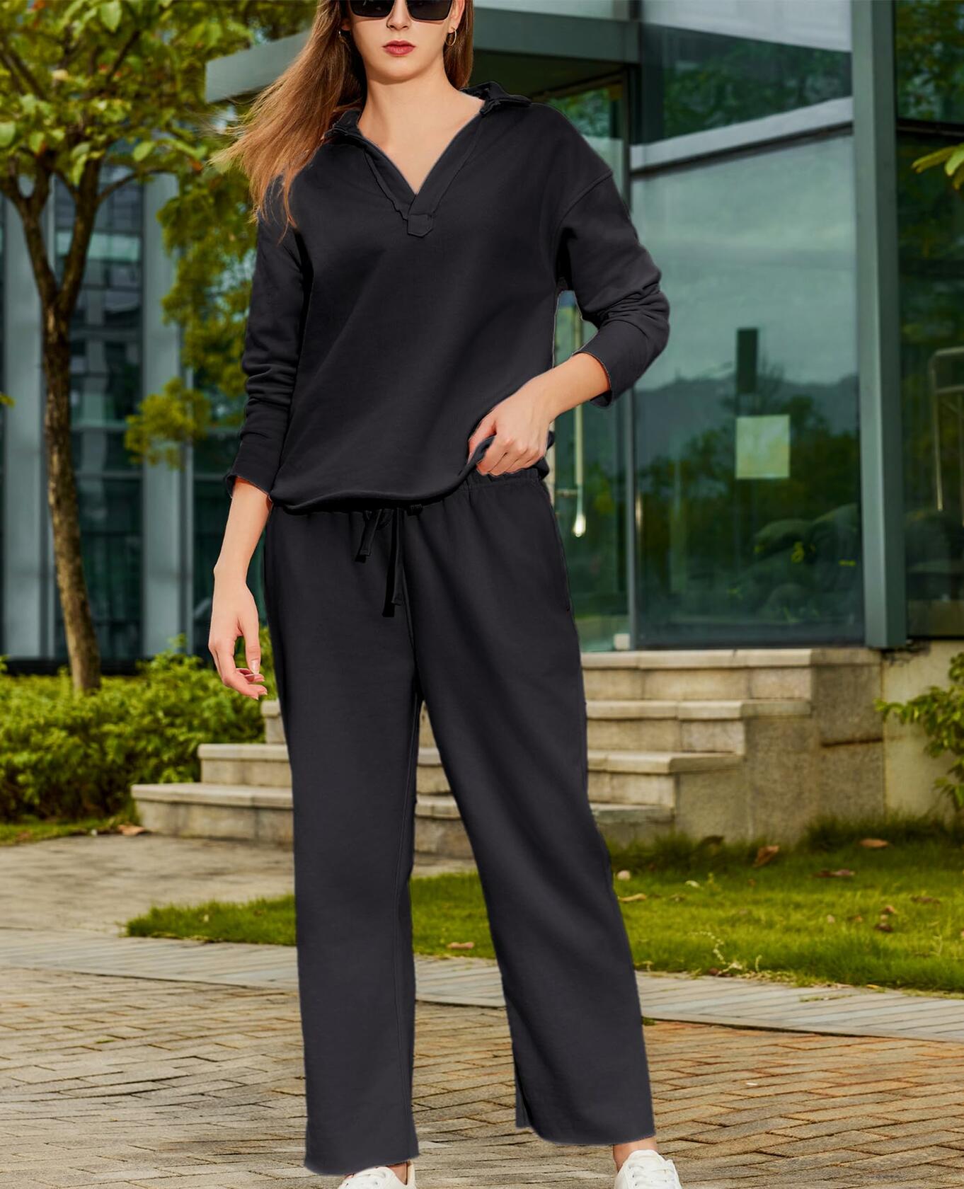 Yioaga Women Tracksuit 2 Piece Set Pullover Sweatshirt Sweatpants Black Size XL