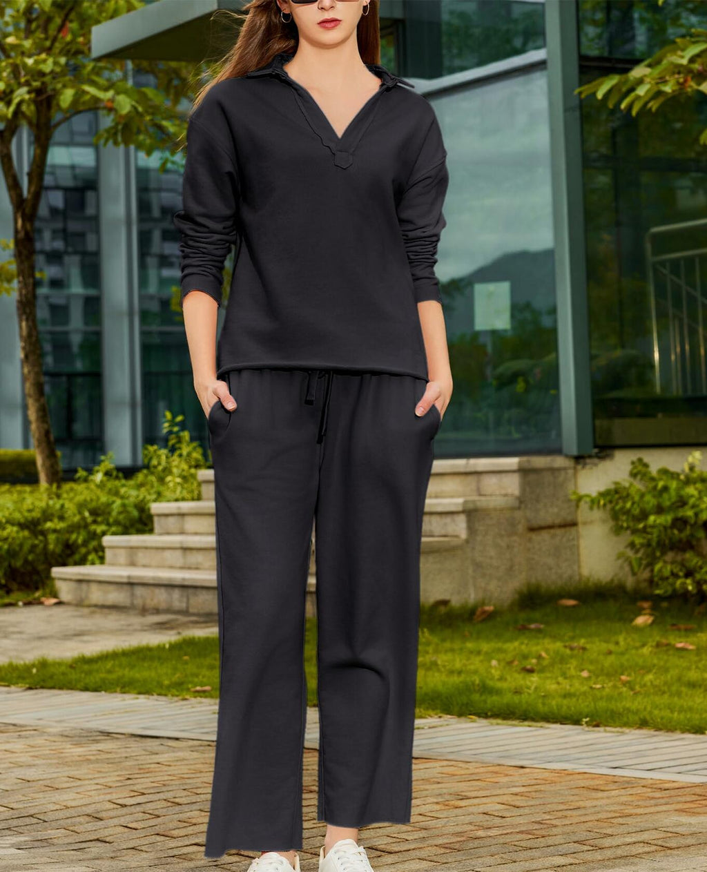 Yioaga Women Tracksuit 2 Piece Set Pullover Sweatshirt Sweatpants Black Size XL