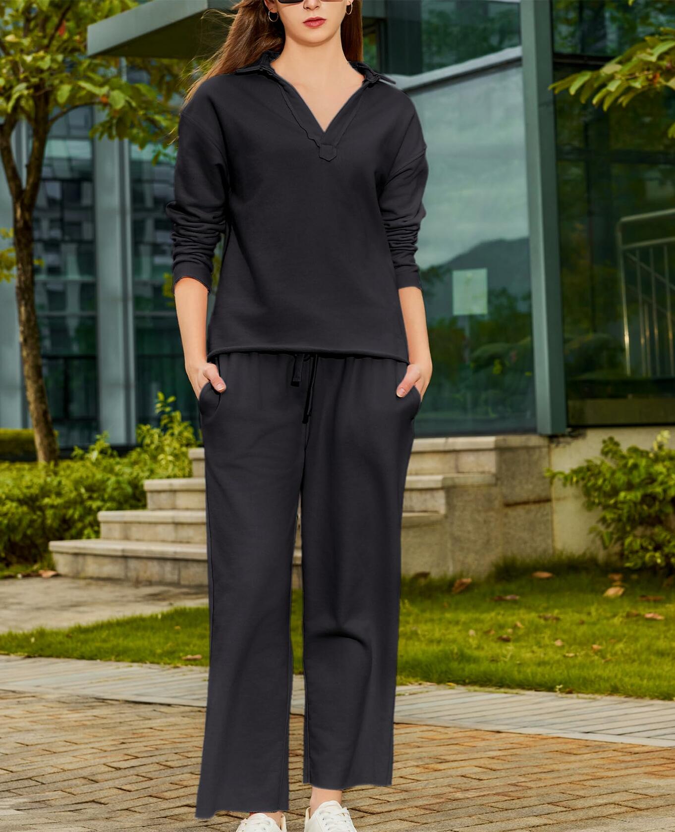 Yioaga Women Tracksuit 2 Piece Set Pullover Sweatshirt Sweatpants Black Size XL