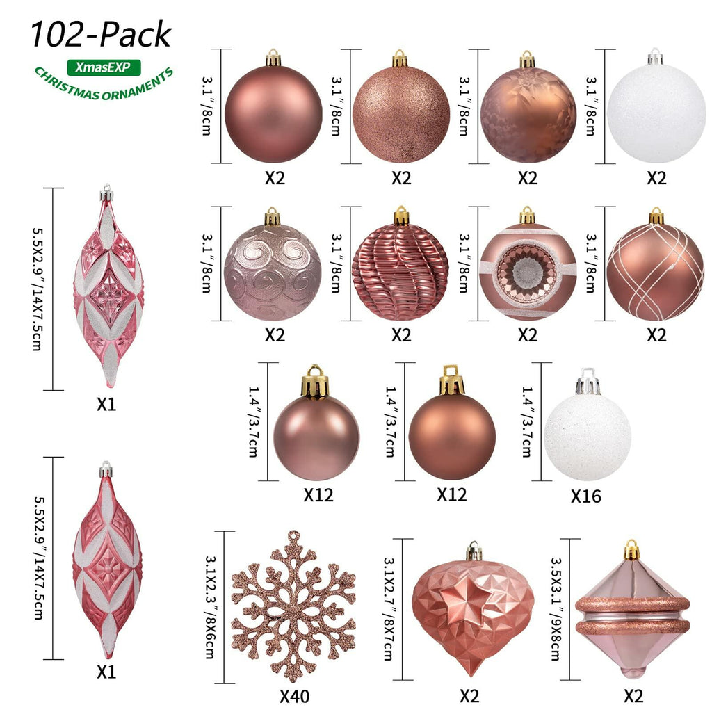 XmasExp Christmas Ball Ornaments Shatterproof Rose Gold 102pcs Set Xmas Tree