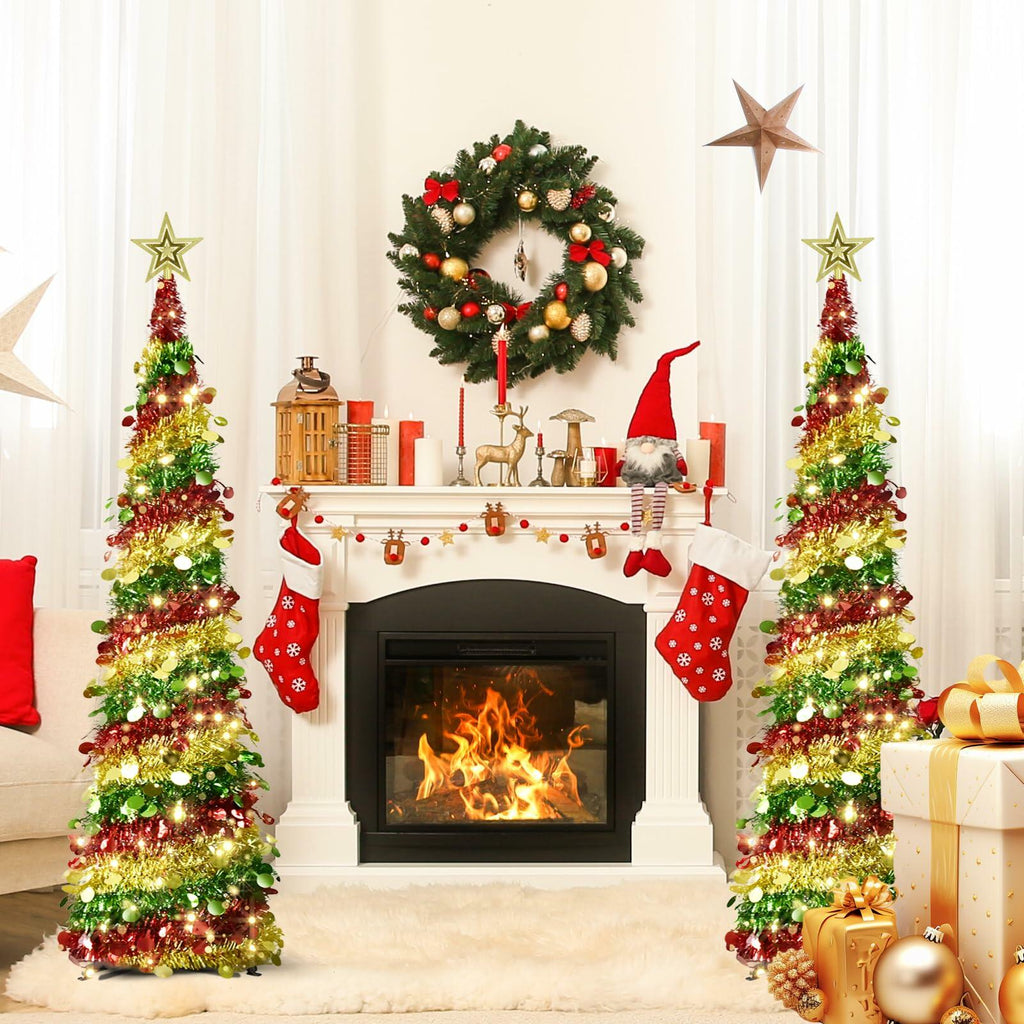 Miracleart 5FT Pop Up Christmas Tree LED Lights Tree Topper Red Green Gold US2ft