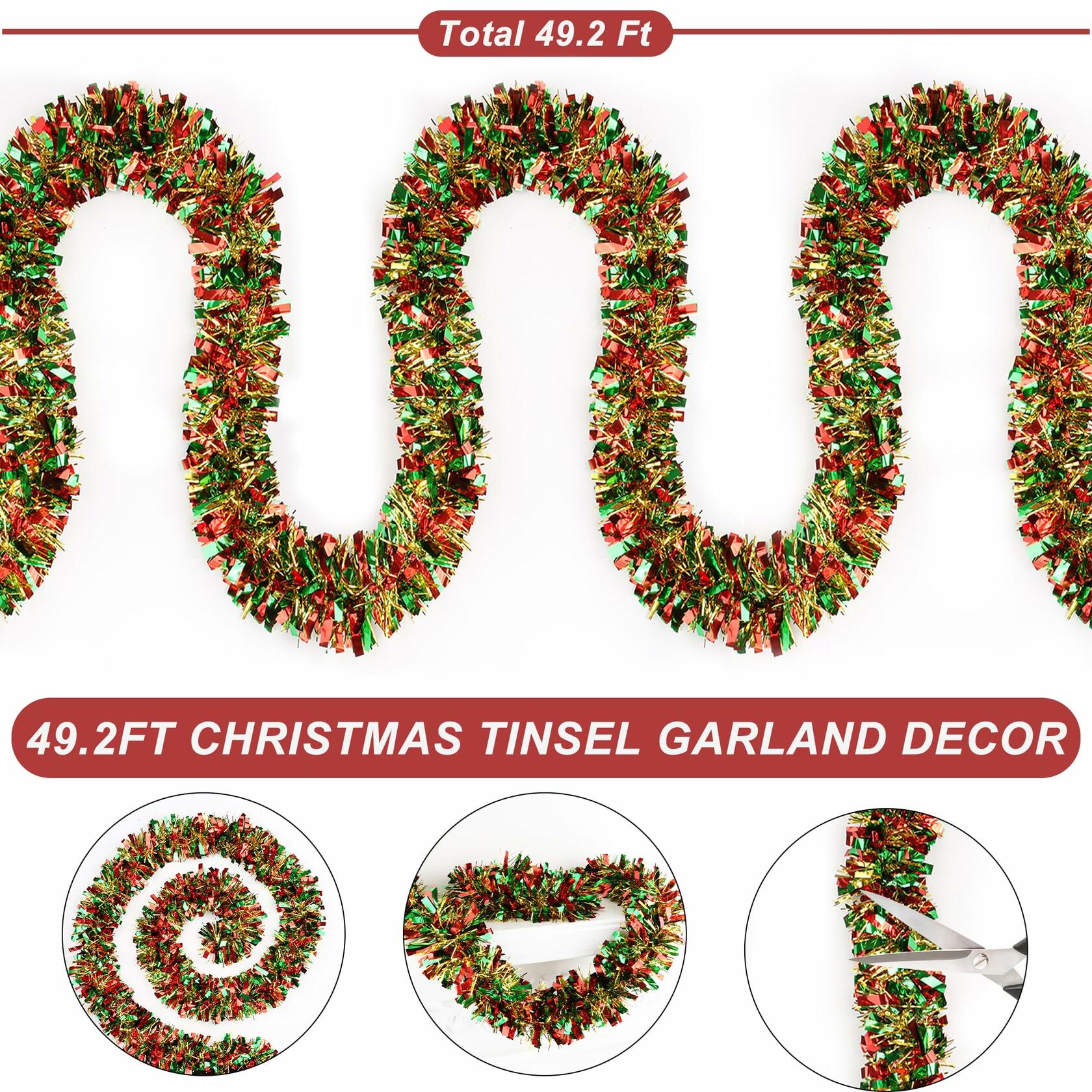 50 Ft Christmas Tinsel Garland Metallic Green Red Gold Twist Indoor Decor