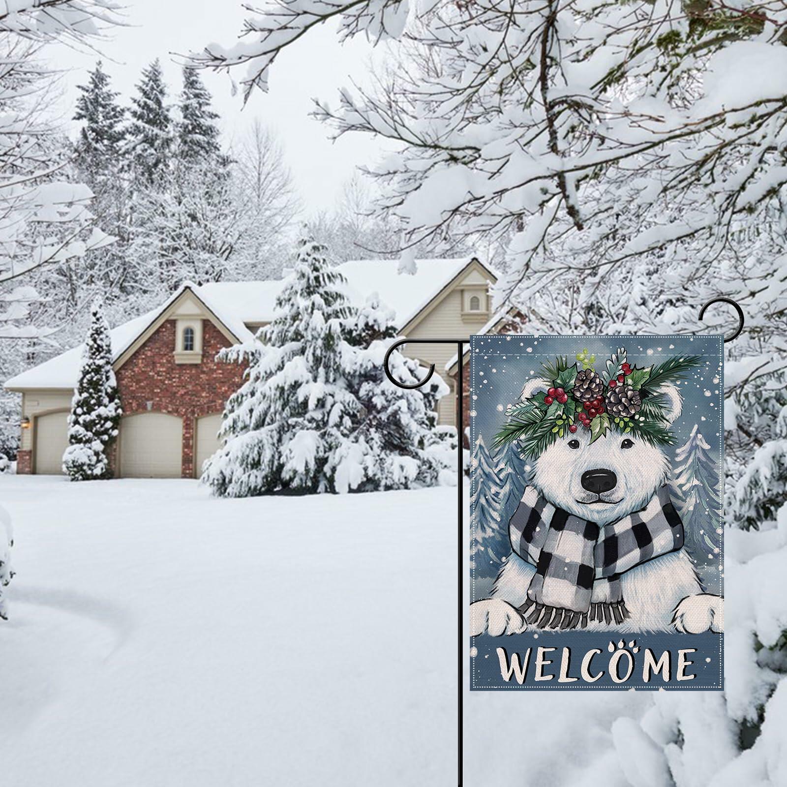 Artofy Polar Bear Christmas Garden Flag 12x18 Burlap Double Sided Decor
